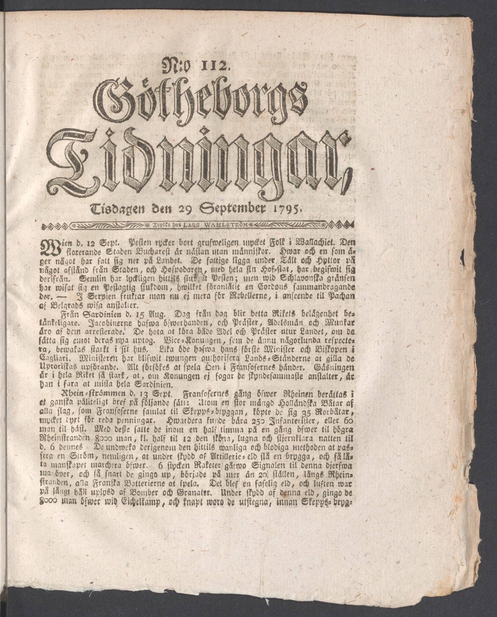 Tidningssida ur GÖTHEBORGS TIDNINGAR, 1795-09-29