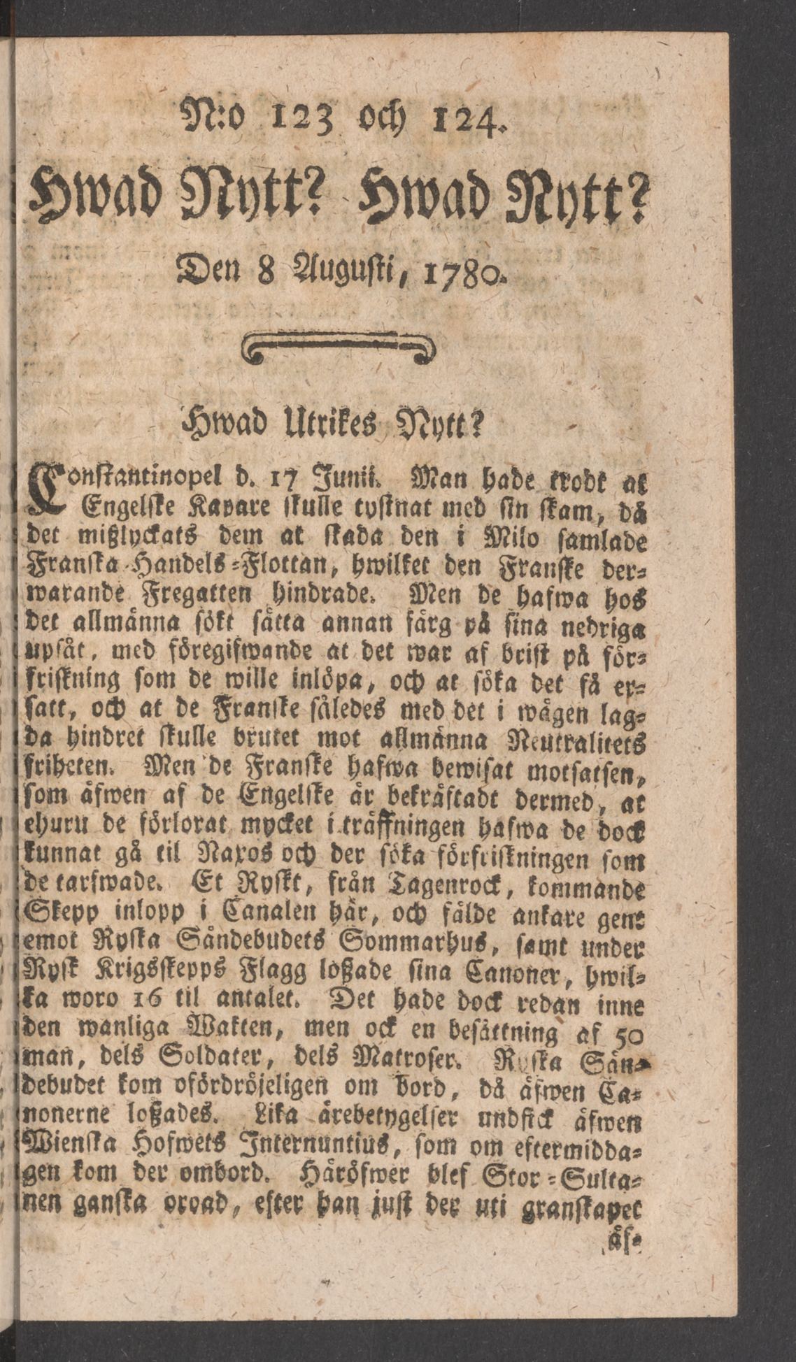 Tidningssida ur HWAD NYTT?, 1780-08-08