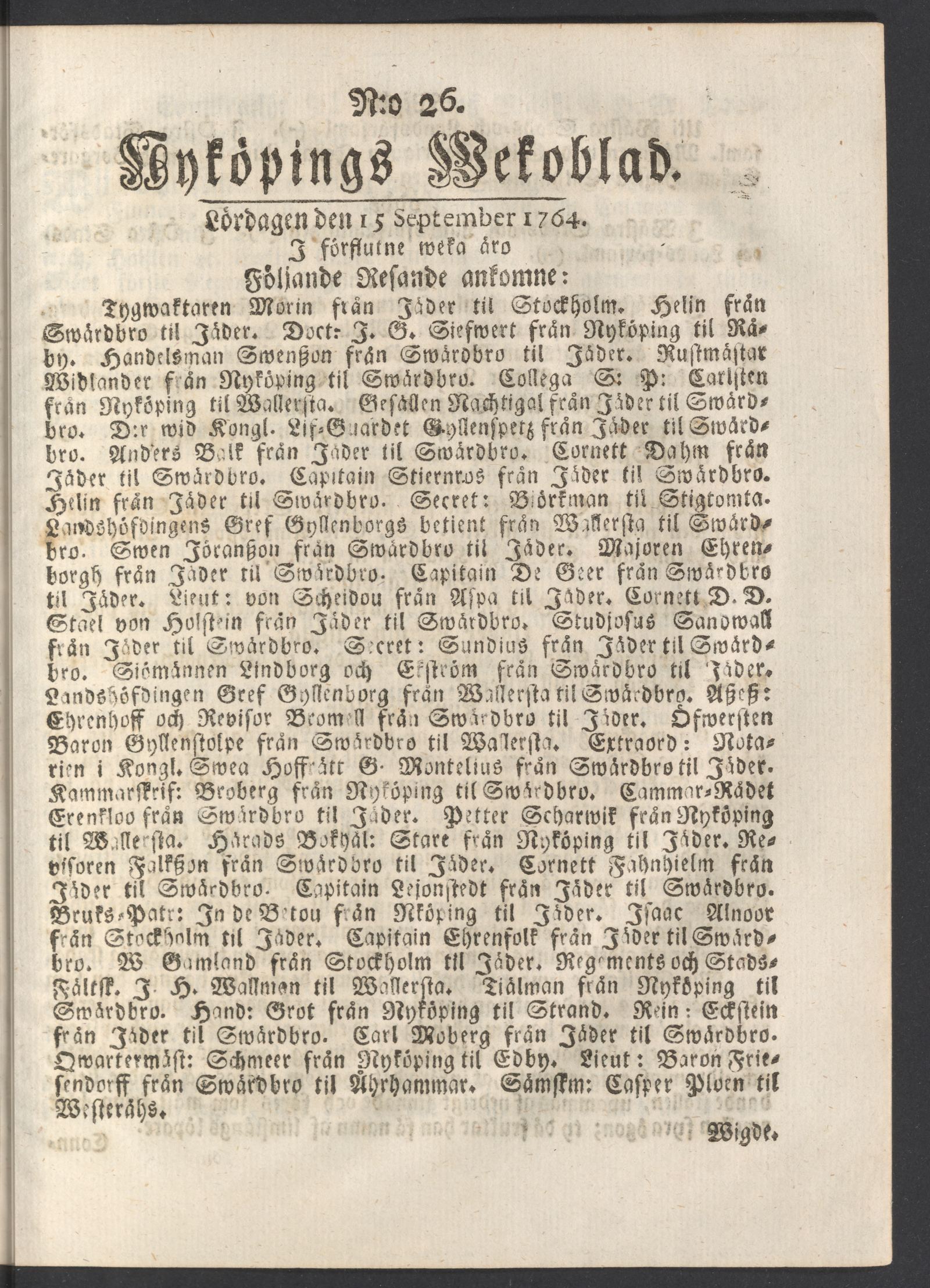 Tidningssida ur NYKÖPINGS WECKOBLAD, 1764-09-15