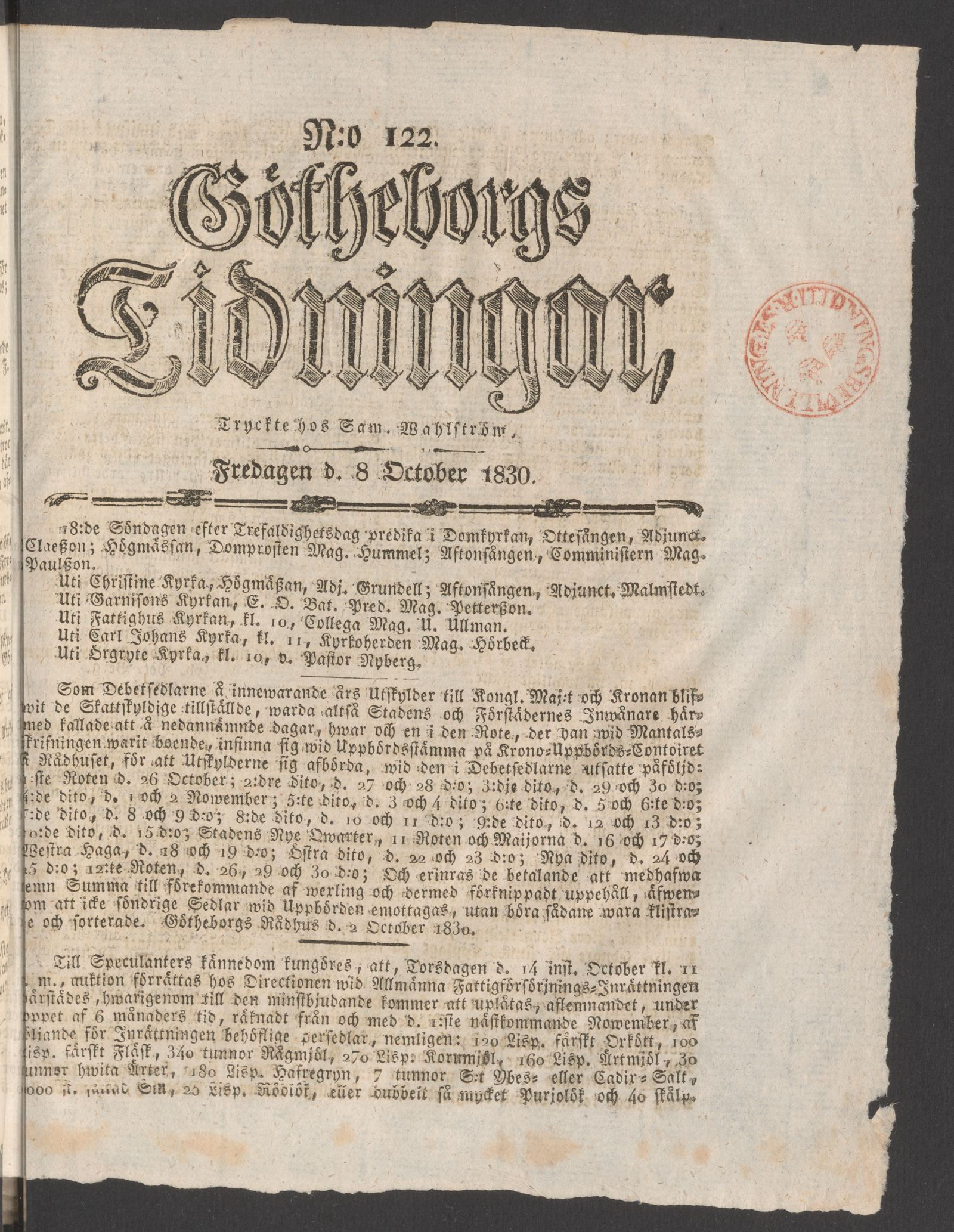 Tidningssida ur GÖTHEBORGS TIDNINGAR, 1830-10-08