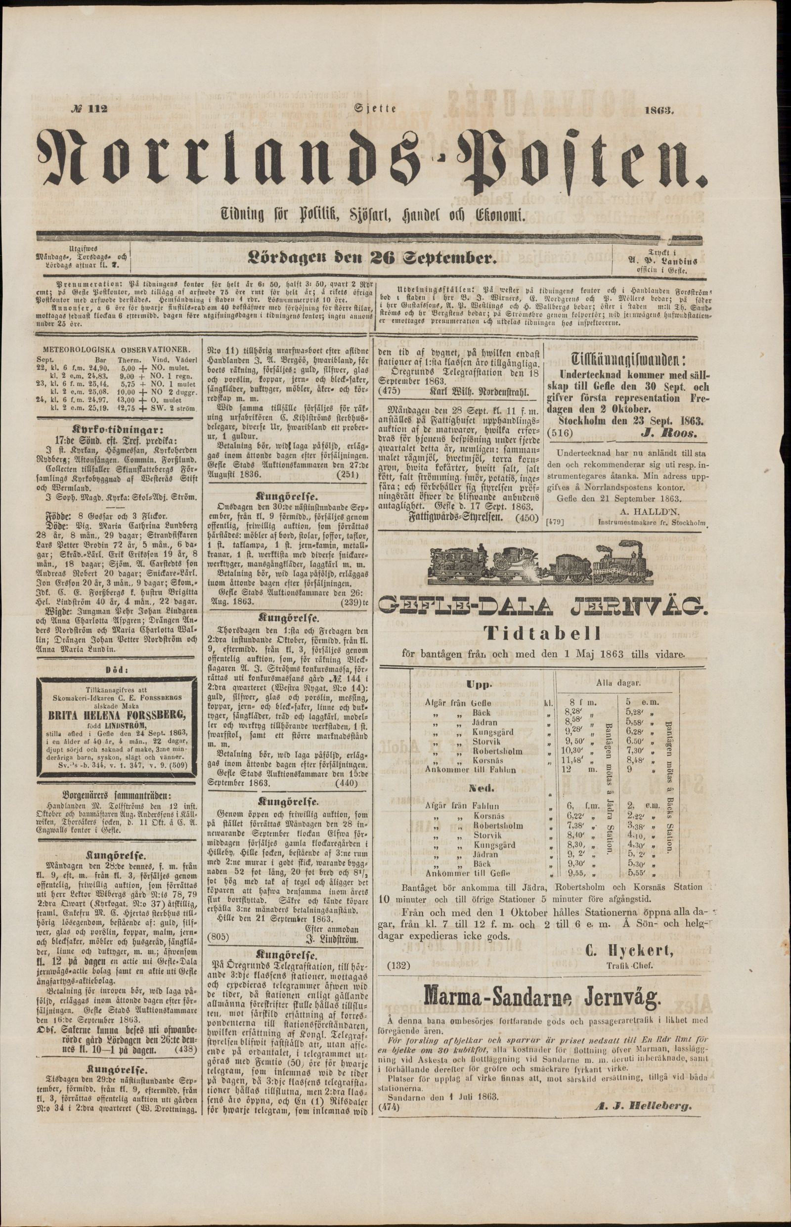 Tidningssida ur NORRLANDSPOSTEN, 1863-09-26