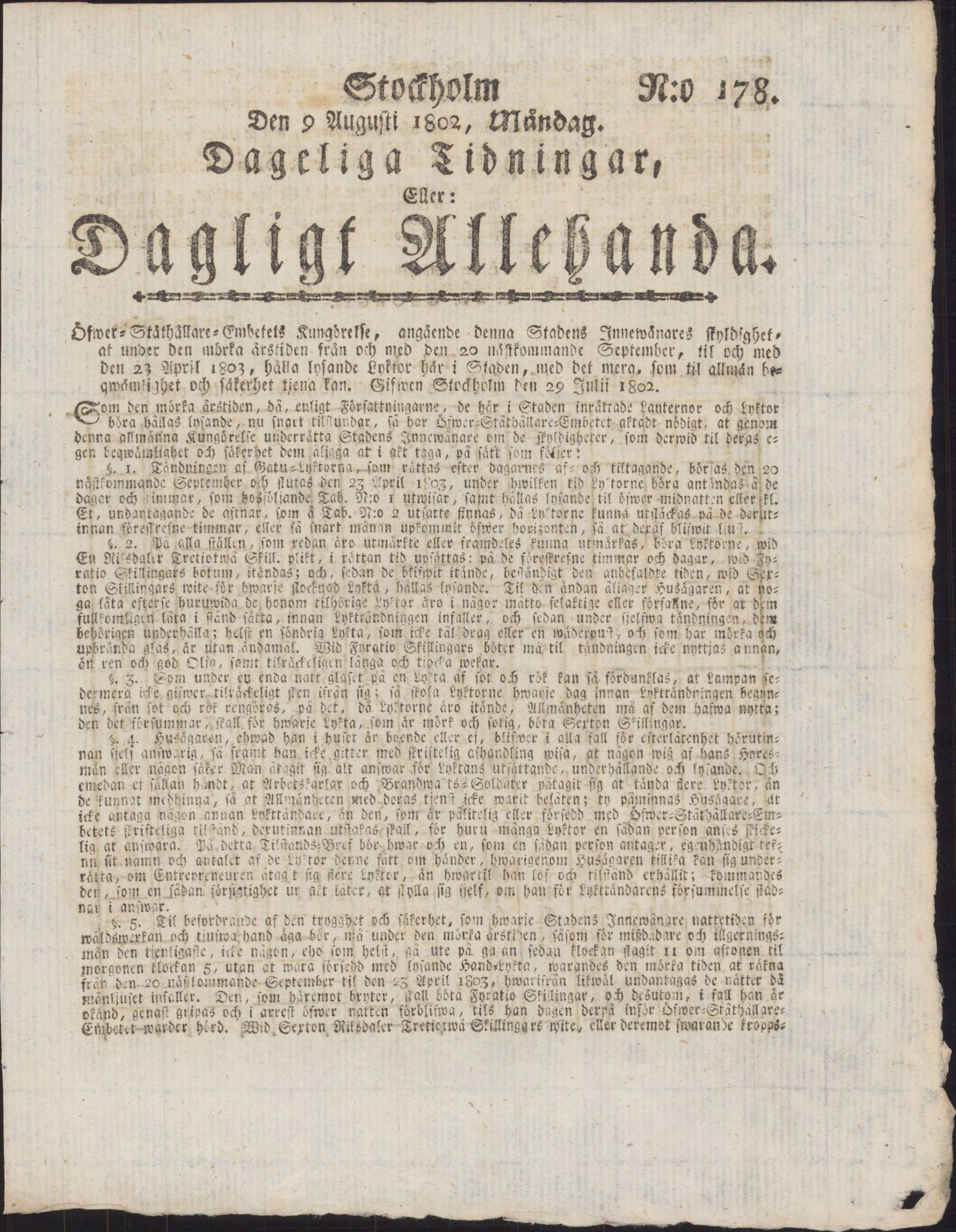 Tidningssida ur DAGLIGT ALLEHANDA, 1802-08-09