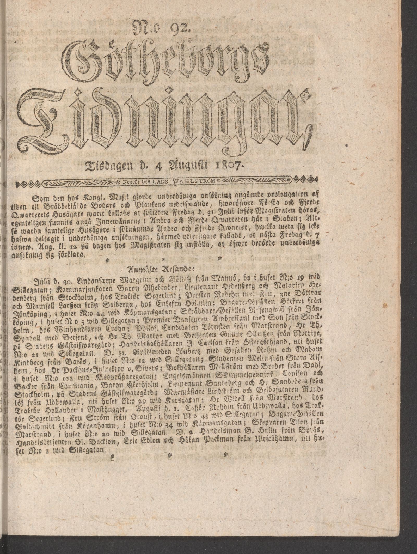 Tidningssida ur GÖTHEBORGS TIDNINGAR, 1807-08-04