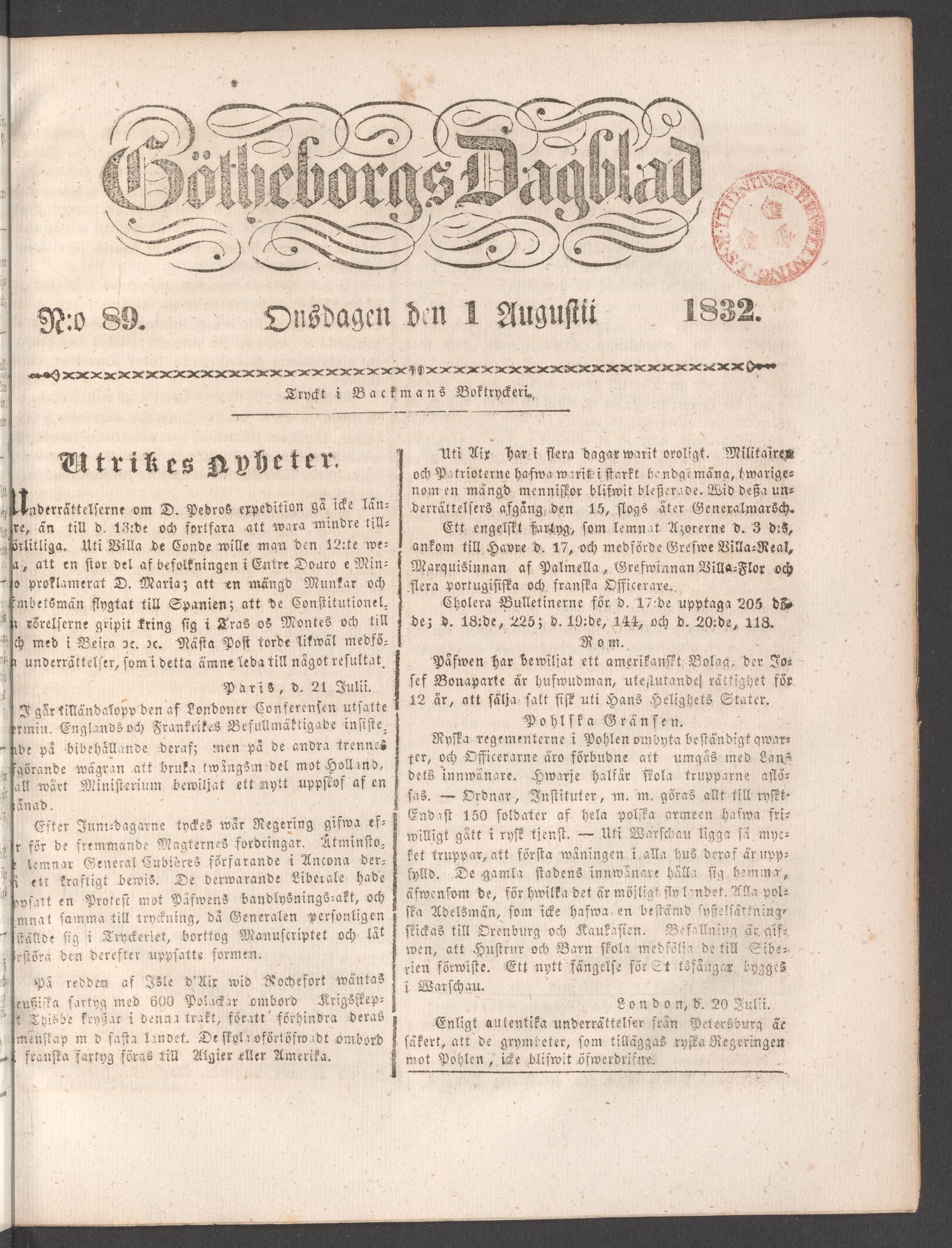 Tidningssida ur GÖTHEBORGS DAGBLAD, 1832-08-01