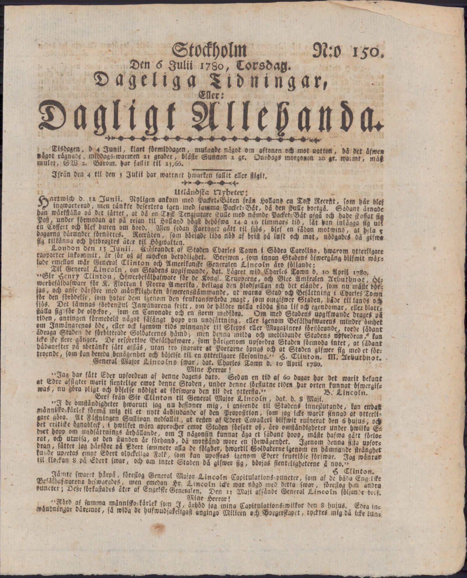 Tidningssida ur DAGLIGT ALLEHANDA, 1780-07-06
