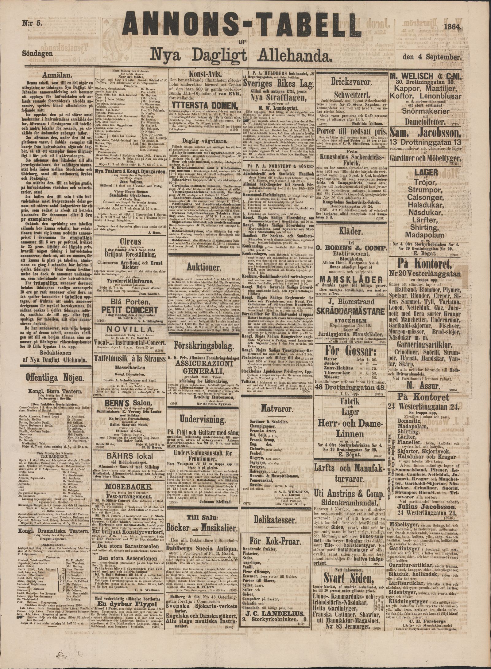 Tidningssida ur ANNONSTABELL, 1864-09-04