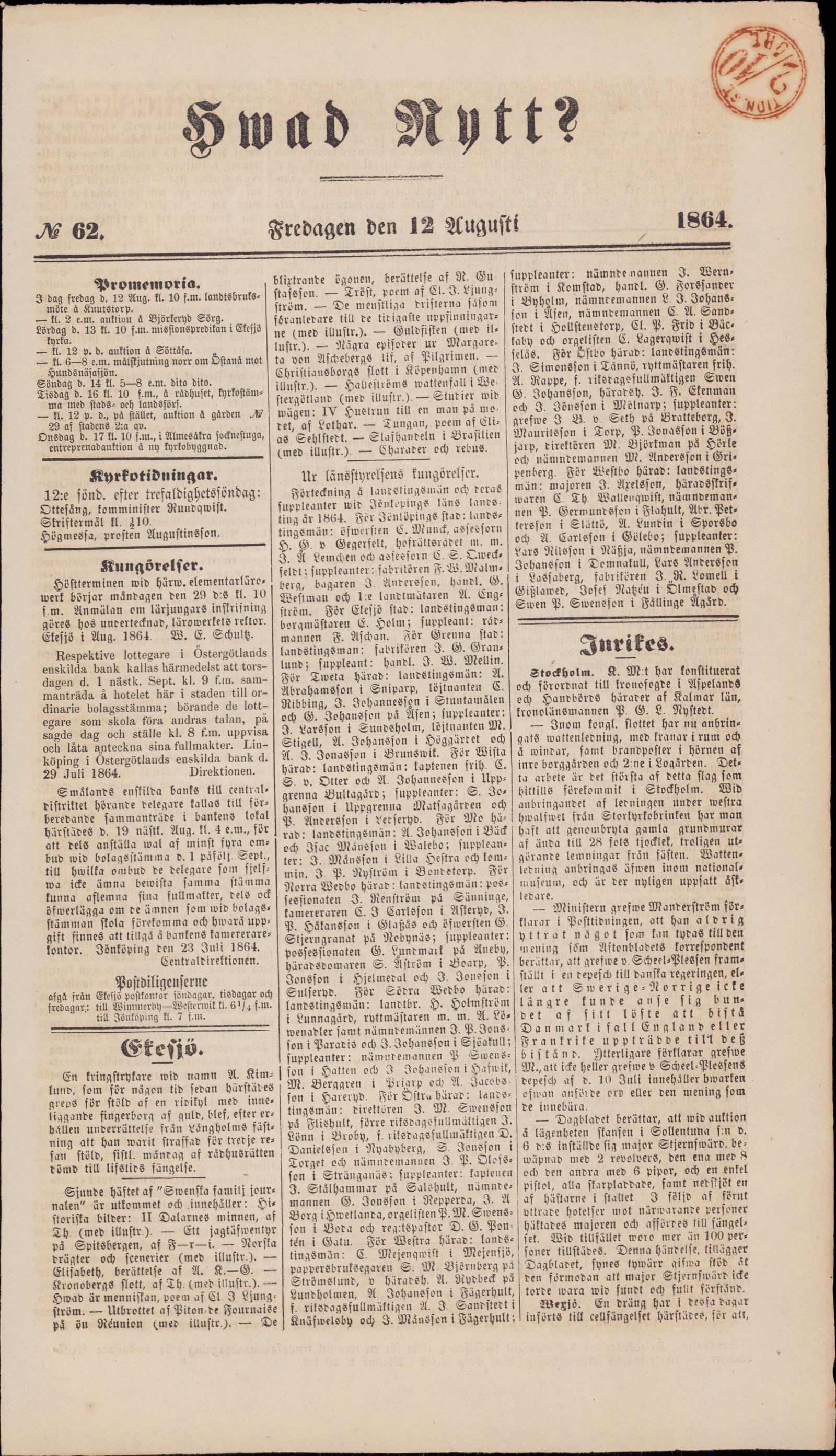 Tidningssida ur HVAD NYTT?, 1864-08-12