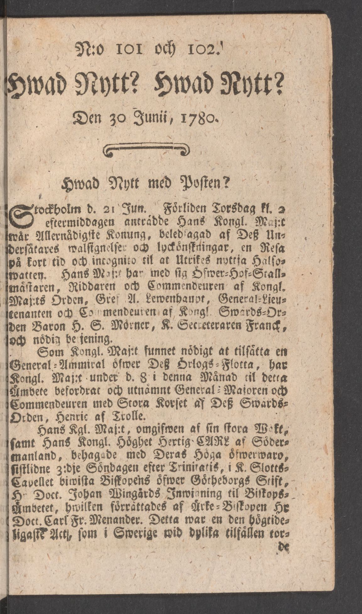 Tidningssida ur HWAD NYTT?, 1780-06-30
