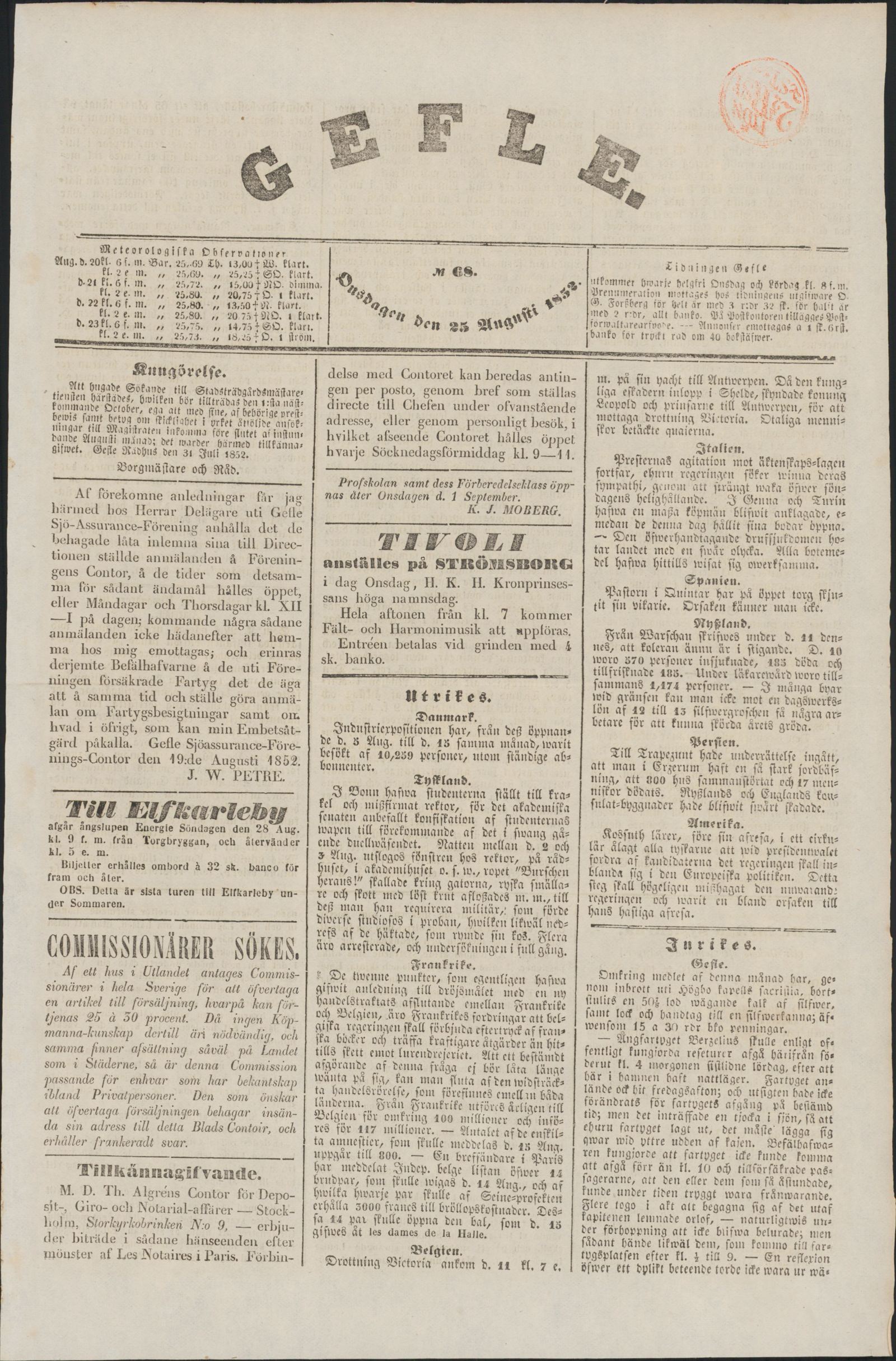 Tidningssida ur GEFLEBORGS LÄNS TIDNING, 1852-08-25