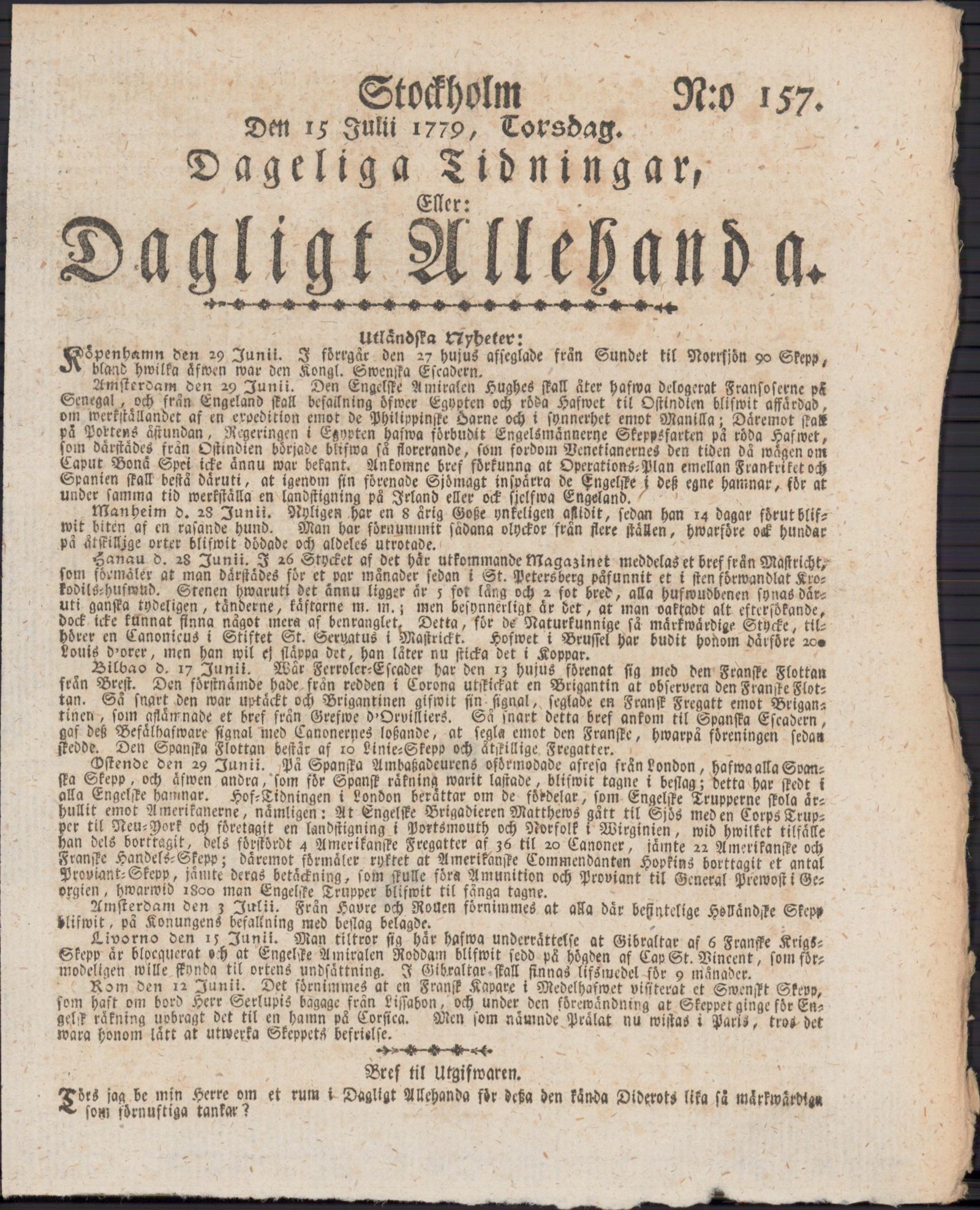 Tidningssida ur DAGLIGT ALLEHANDA, 1779-07-15