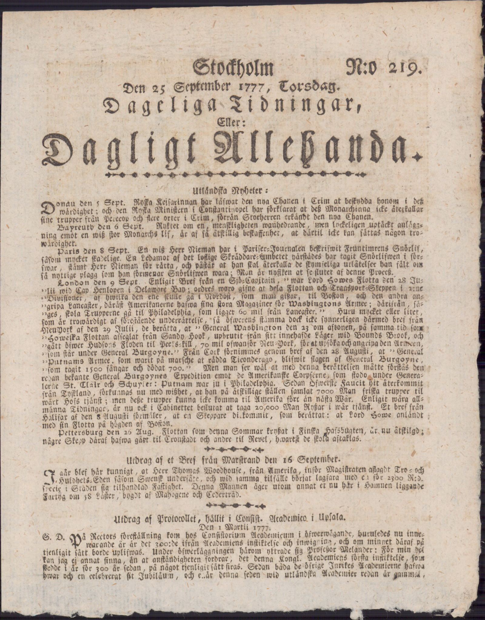 Tidningssida ur DAGLIGT ALLEHANDA, 1777-09-25
