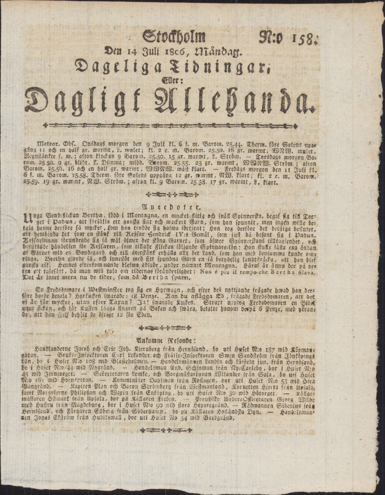 Tidningssida ur DAGLIGT ALLEHANDA, 1806-07-14