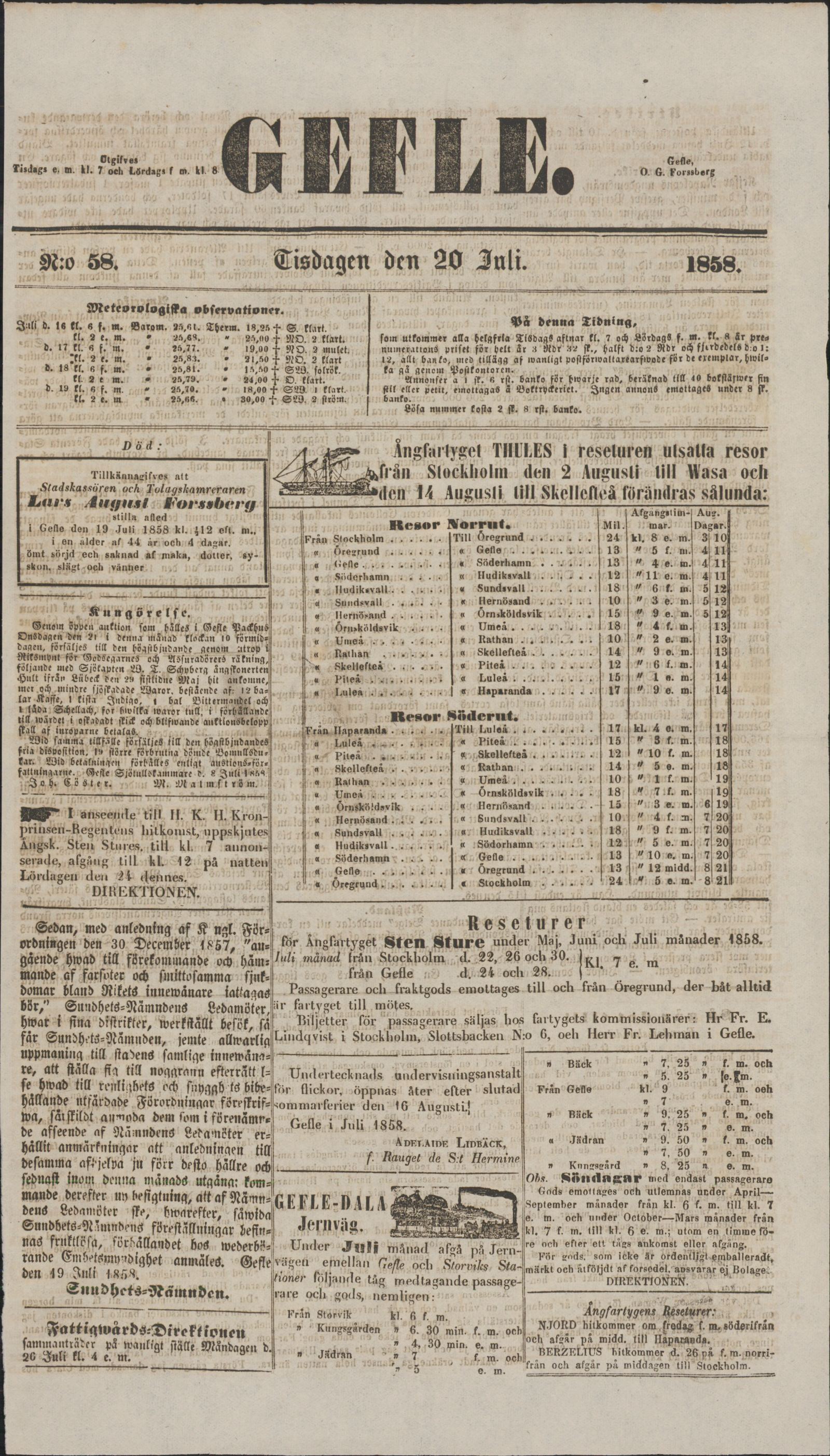 Tidningssida ur GEFLEBORGS LÄNS TIDNING, 1858-07-20