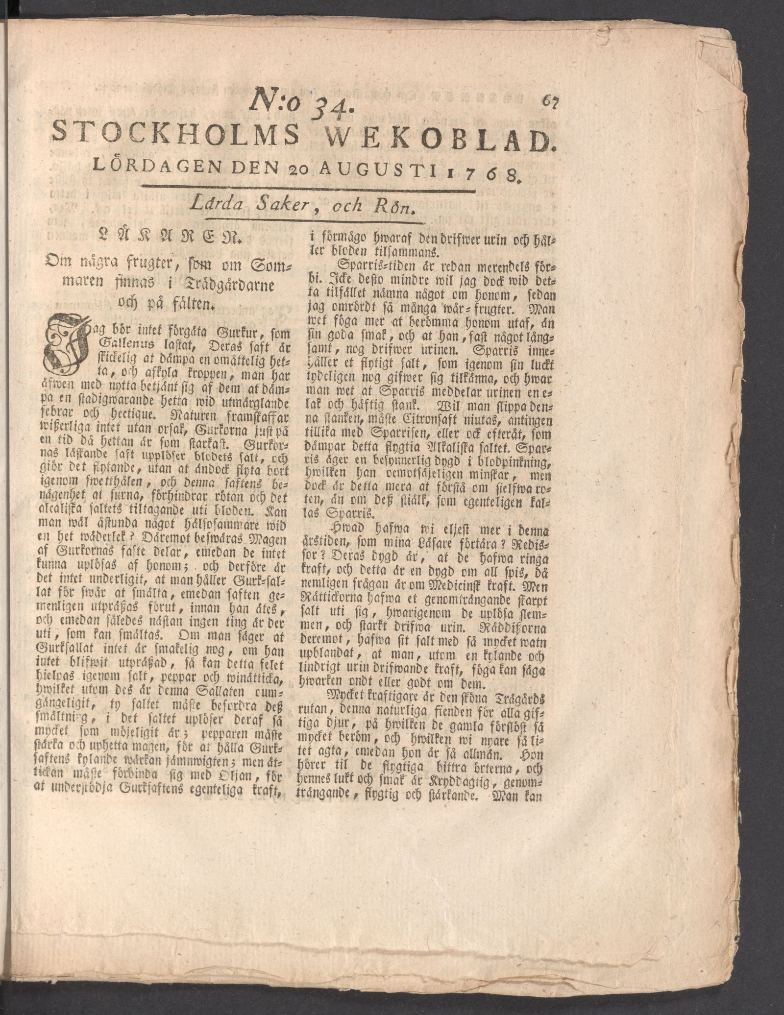 Tidningssida ur STOCKHOLMS WECKOBLAD, 1768-08-20