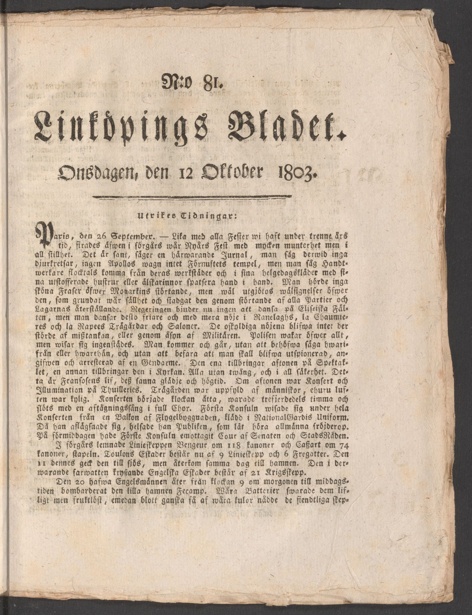 Tidningssida ur LINKÖPINGSBLADET, 1803-10-12
