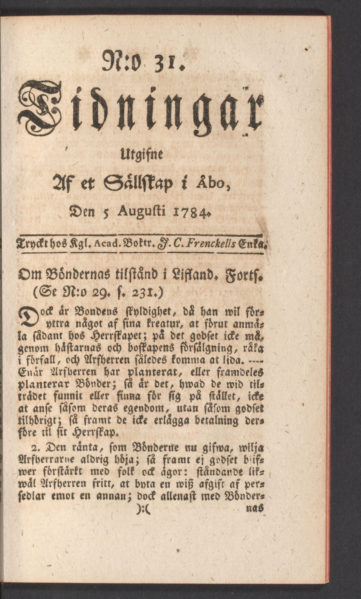 Tidningssida ur TIDNINGAR UTGIFNE AF ET SÄLLSKAP I ÅBO, 1784-08-05