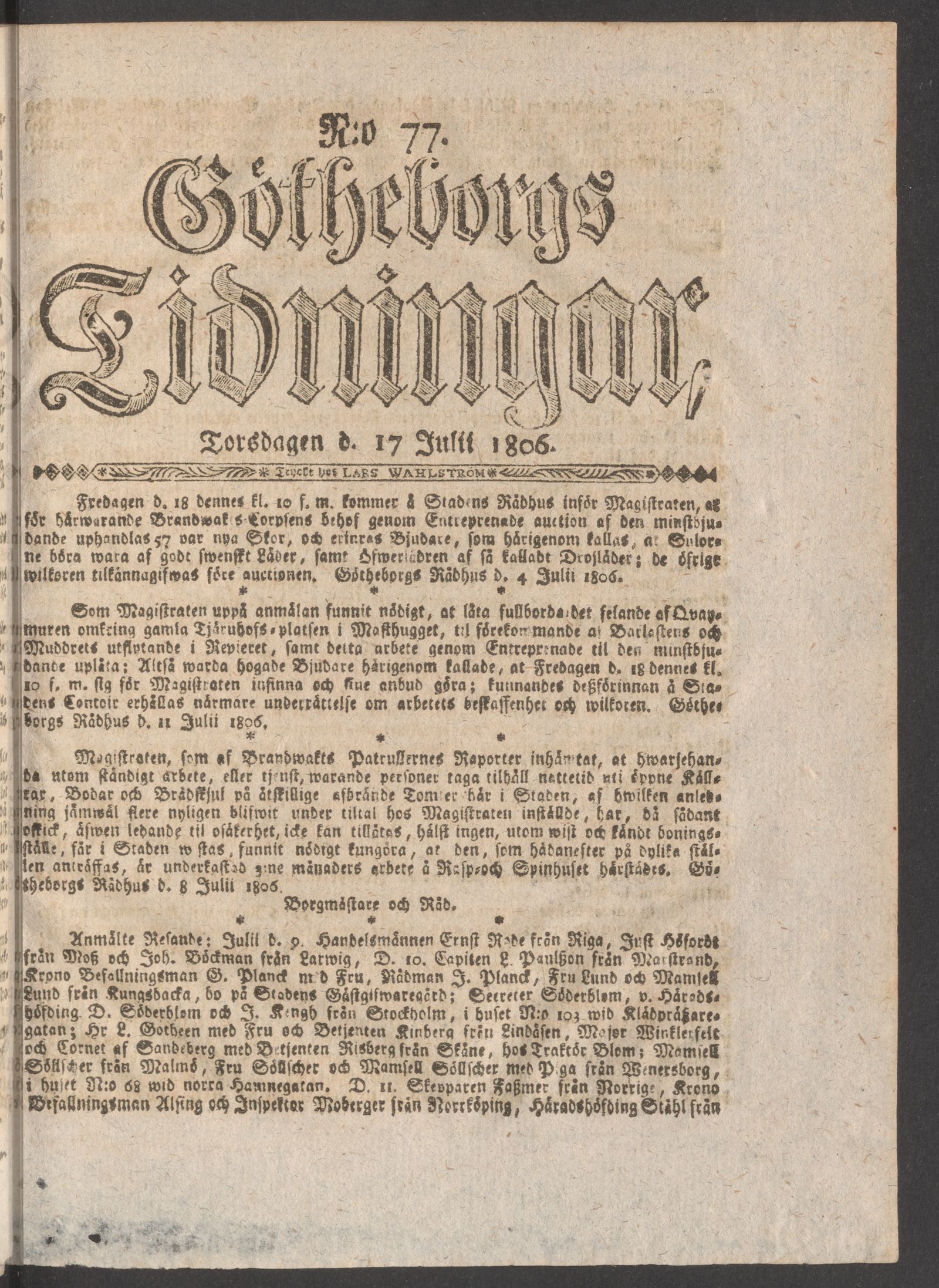 Tidningssida ur GÖTHEBORGS TIDNINGAR, 1806-07-17