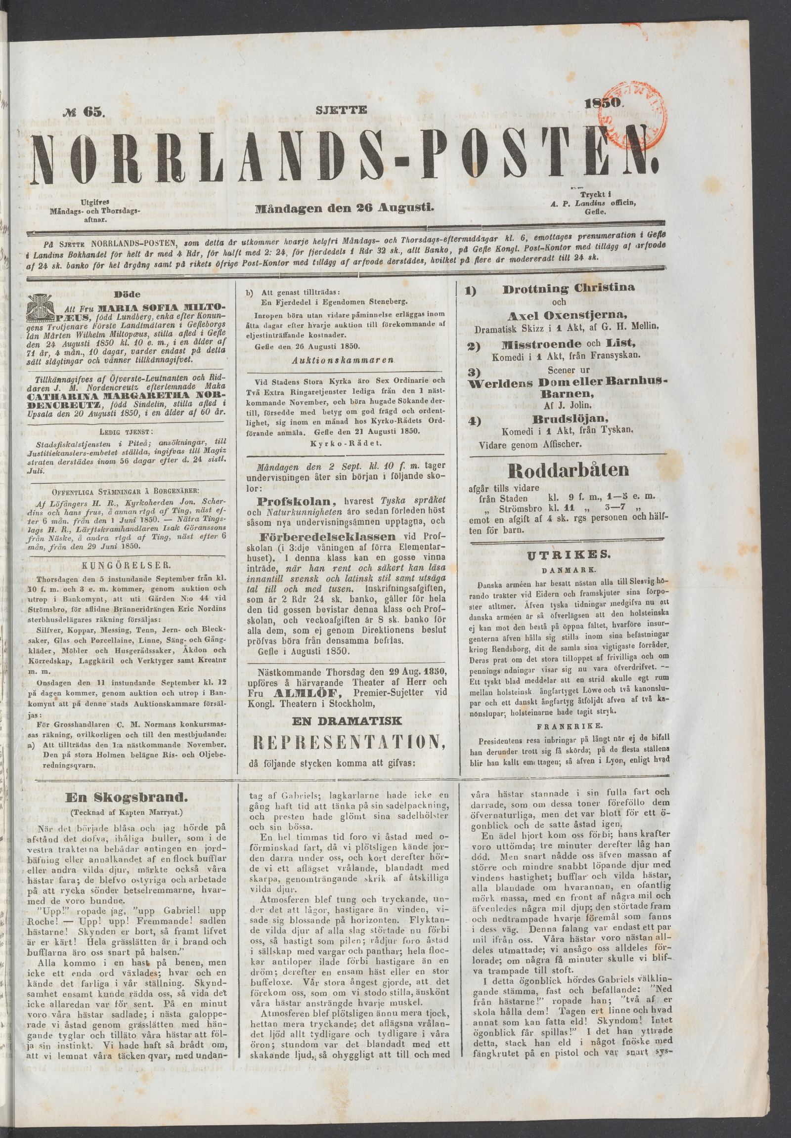 Tidningssida ur NORRLANDSPOSTEN, 1850-08-26