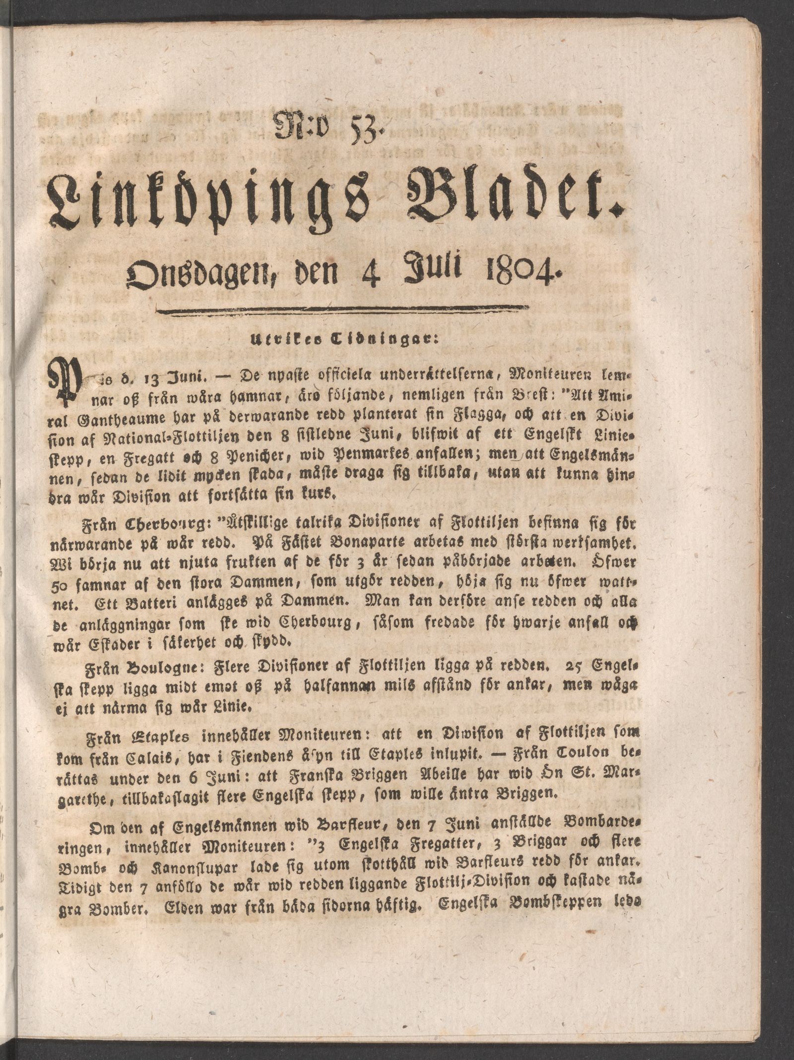 Tidningssida ur LINKÖPINGSBLADET, 1804-07-04
