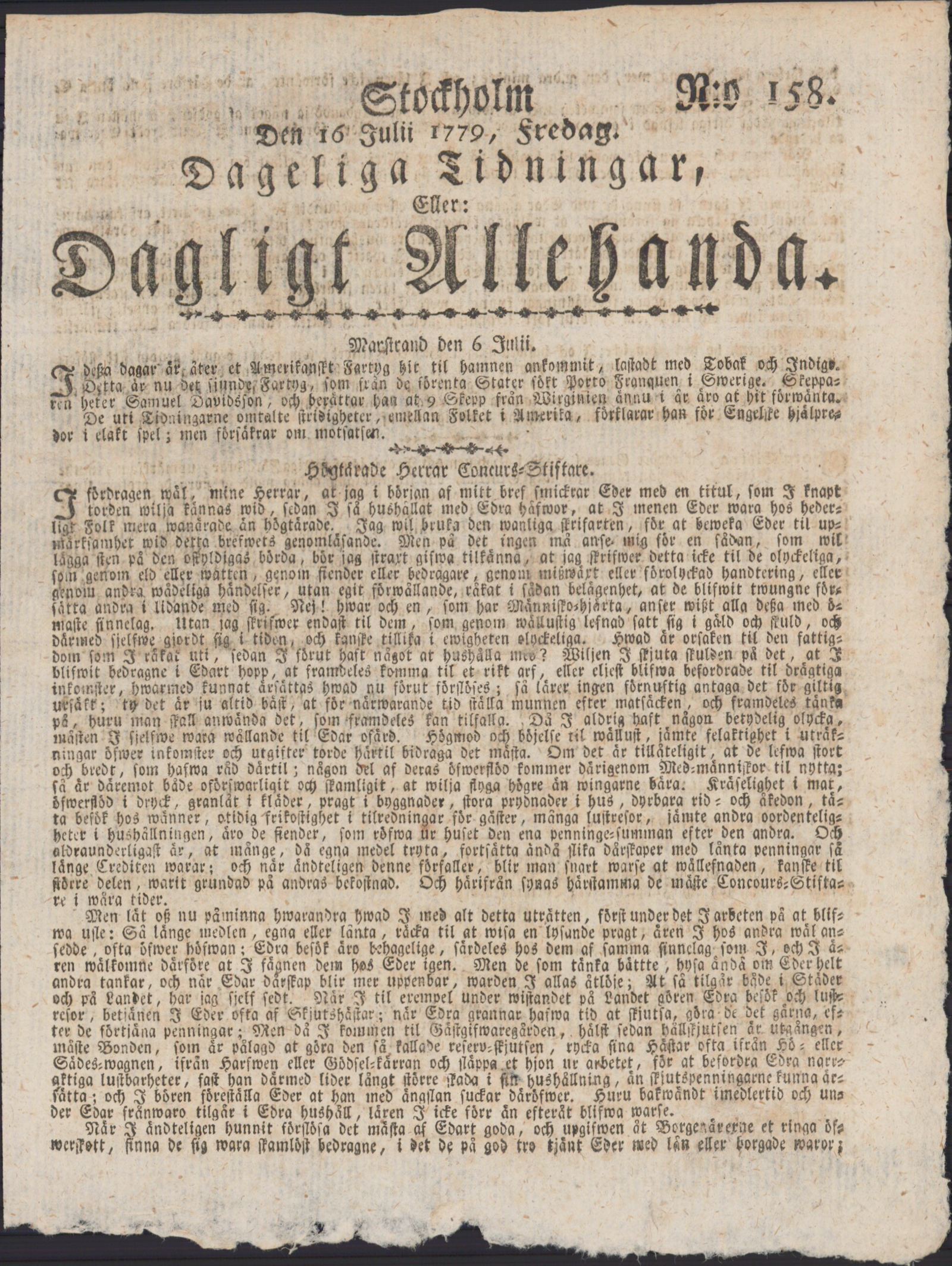 Tidningssida ur DAGLIGT ALLEHANDA, 1779-07-16