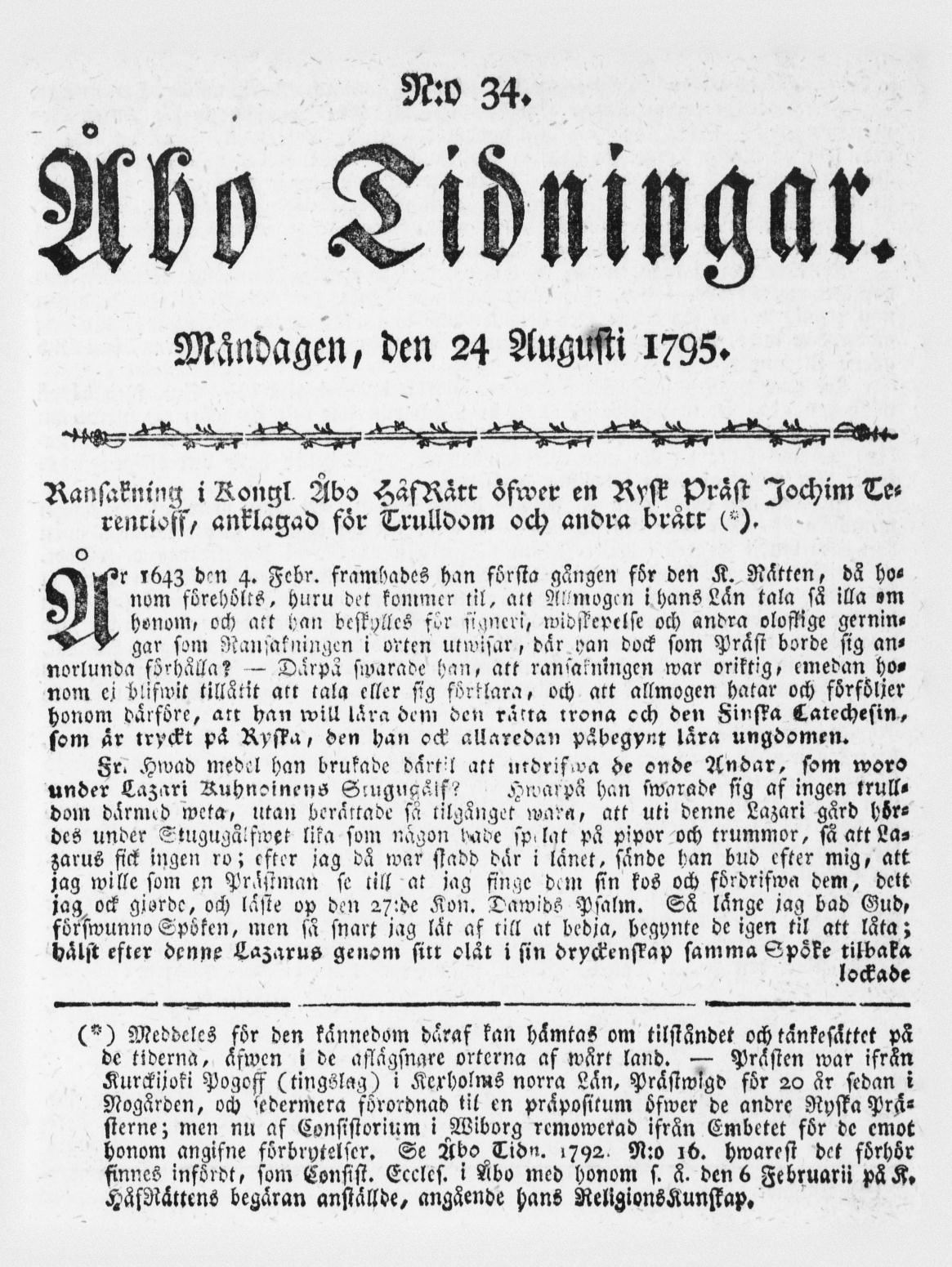 Tidningssida ur ÅBO TIDNINGAR, 1795-08-24