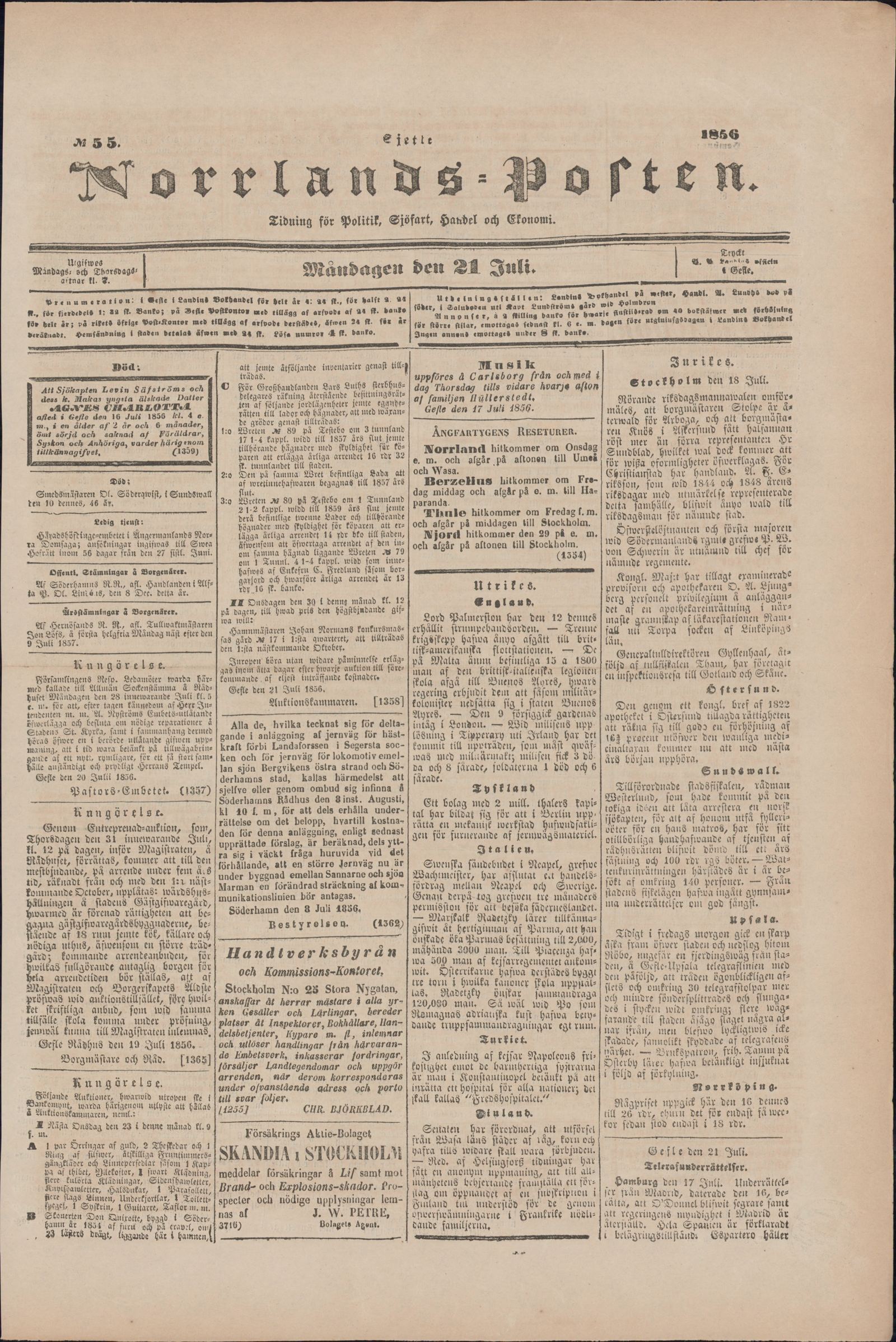 Tidningssida ur NORRLANDSPOSTEN, 1856-07-21
