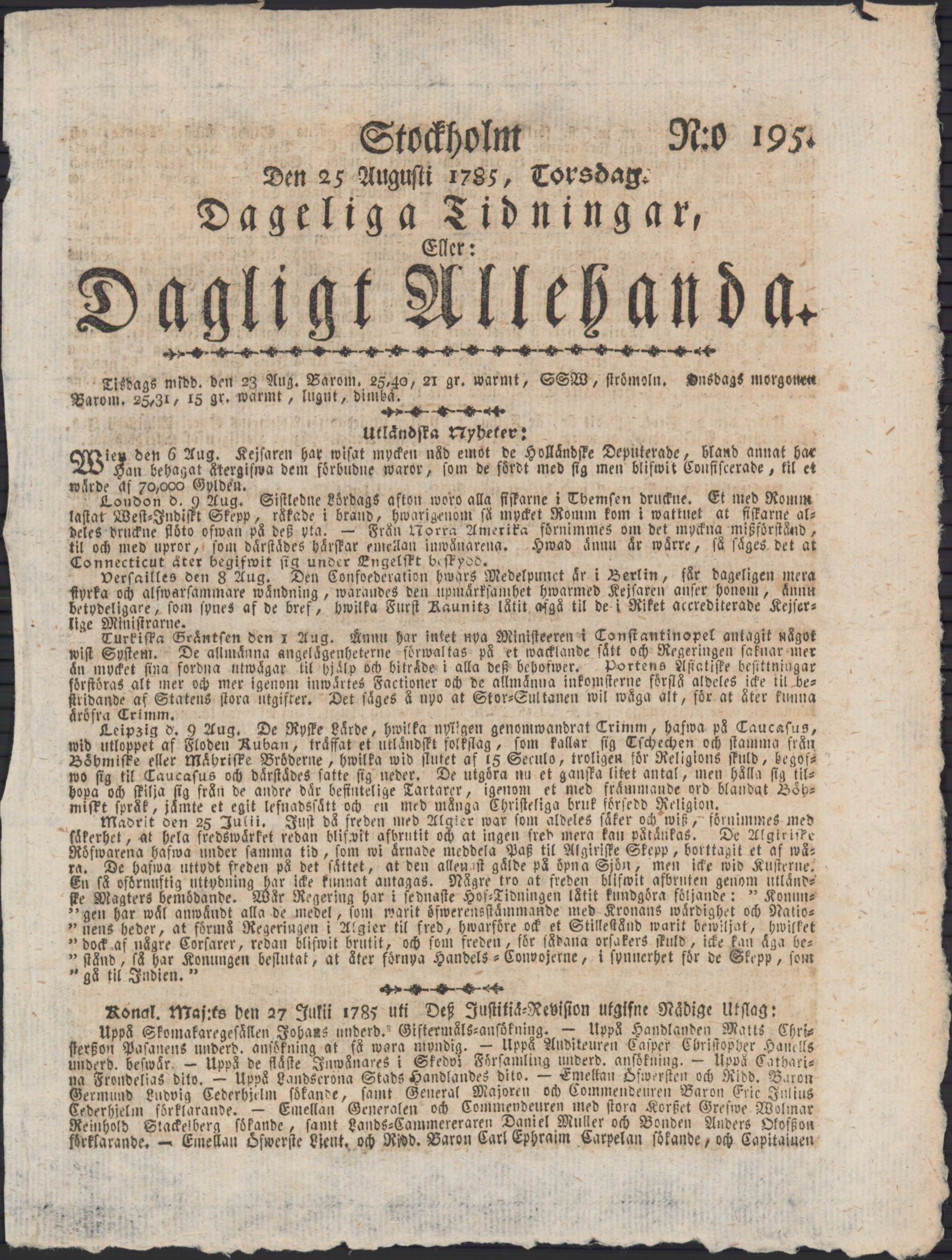 Tidningssida ur DAGLIGT ALLEHANDA, 1785-08-25