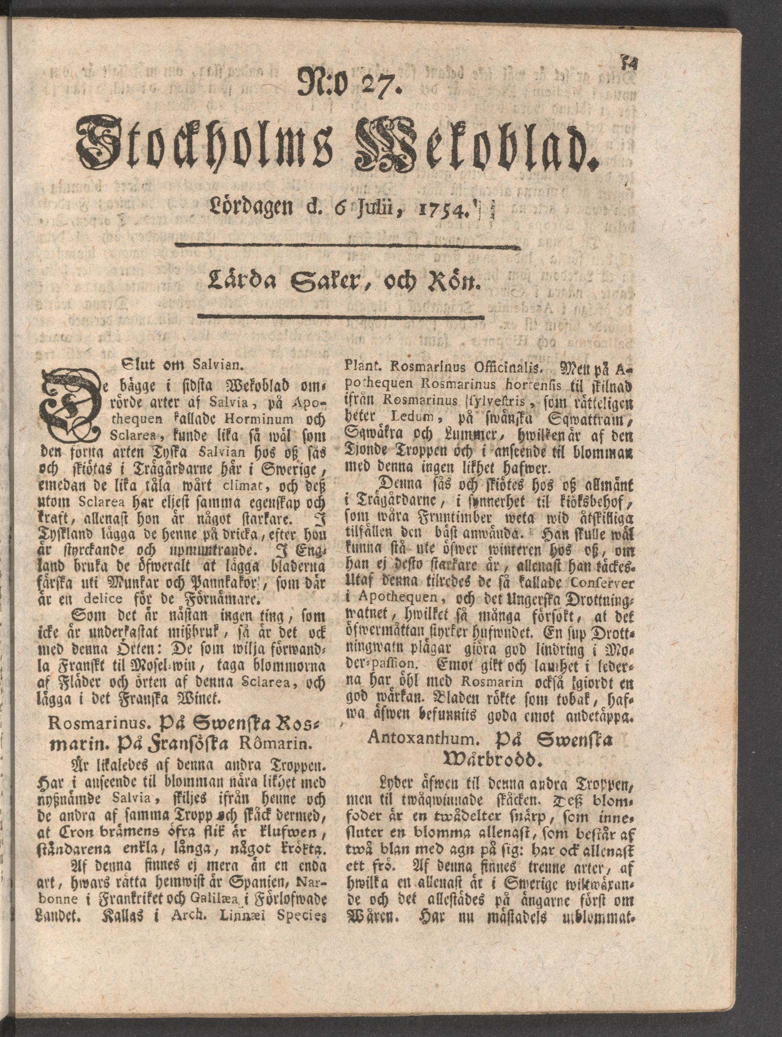 Tidningssida ur STOCKHOLMS WECKOBLAD, 1754-07-06