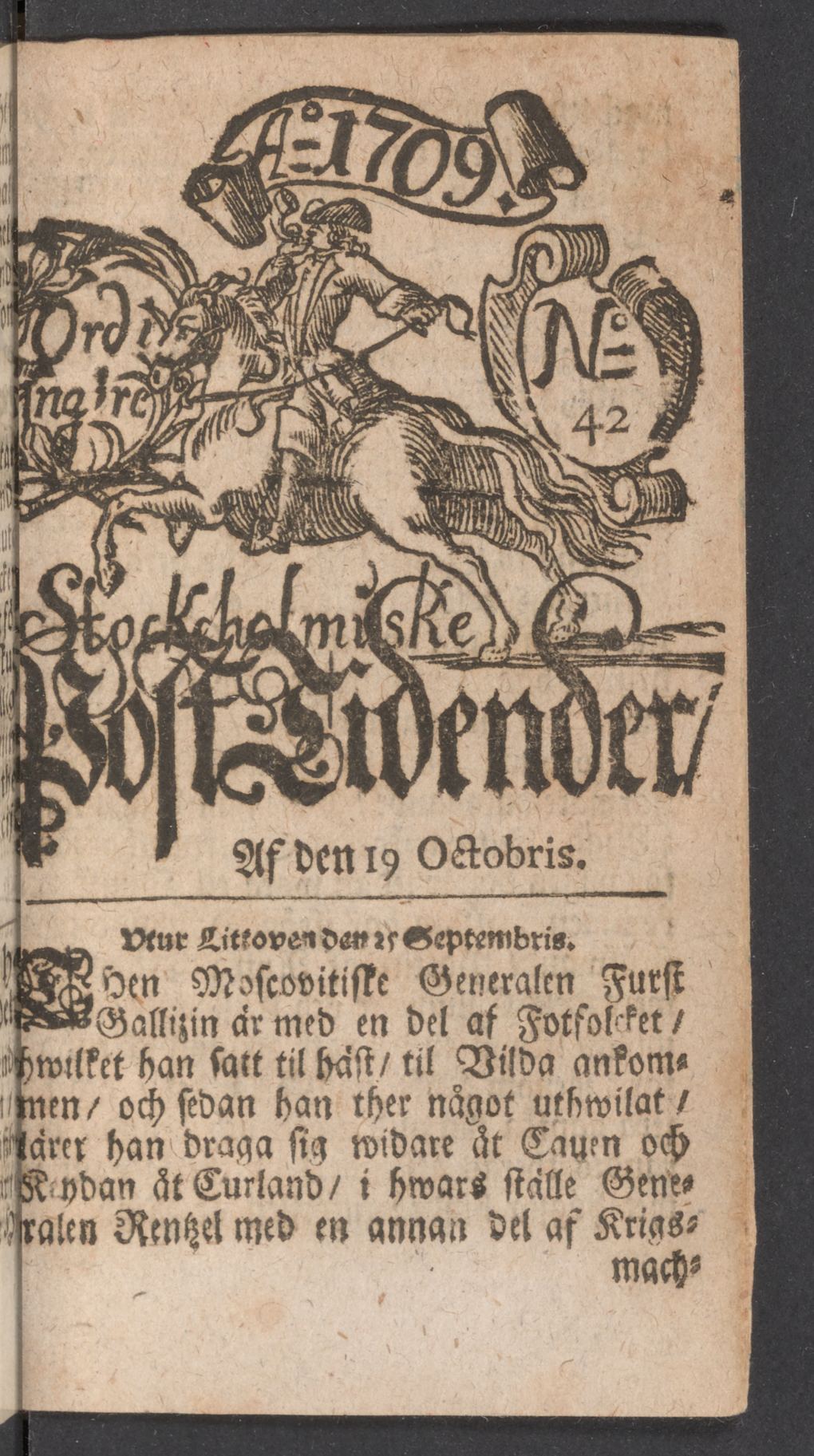 Tidningssida ur POSTTIDNINGAR, 1709-10-19