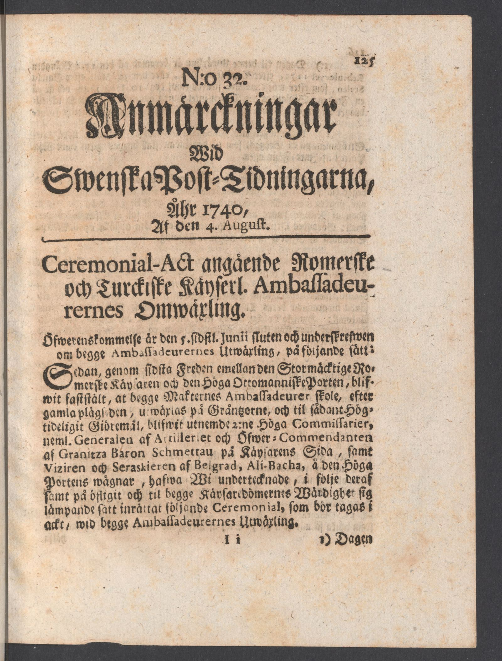 Tidningssida ur ANMÄRCKNINGAR WID SWENSKE POSTTIDNINGARNE, 1740-08-04