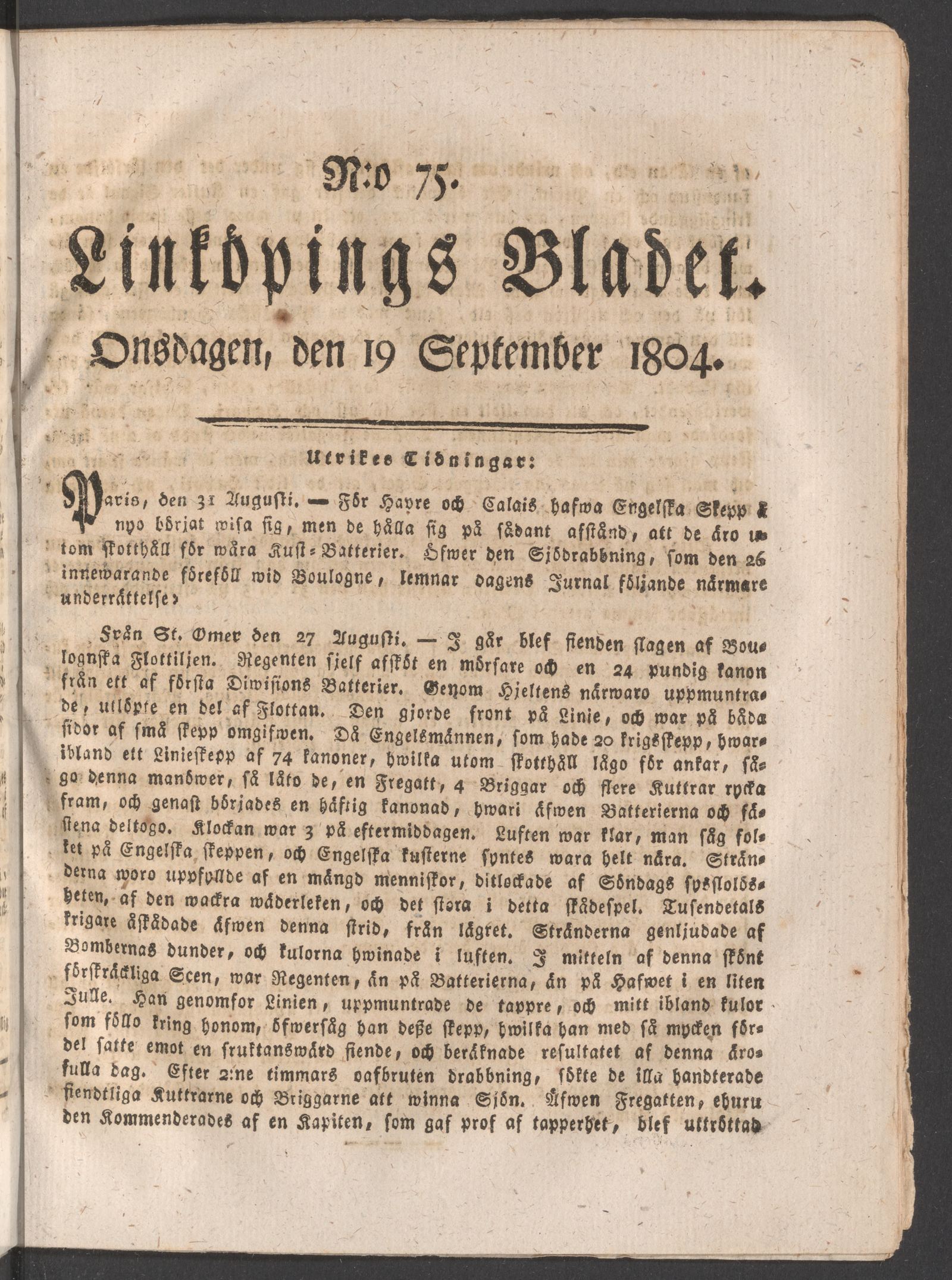 Tidningssida ur LINKÖPINGSBLADET, 1804-09-19