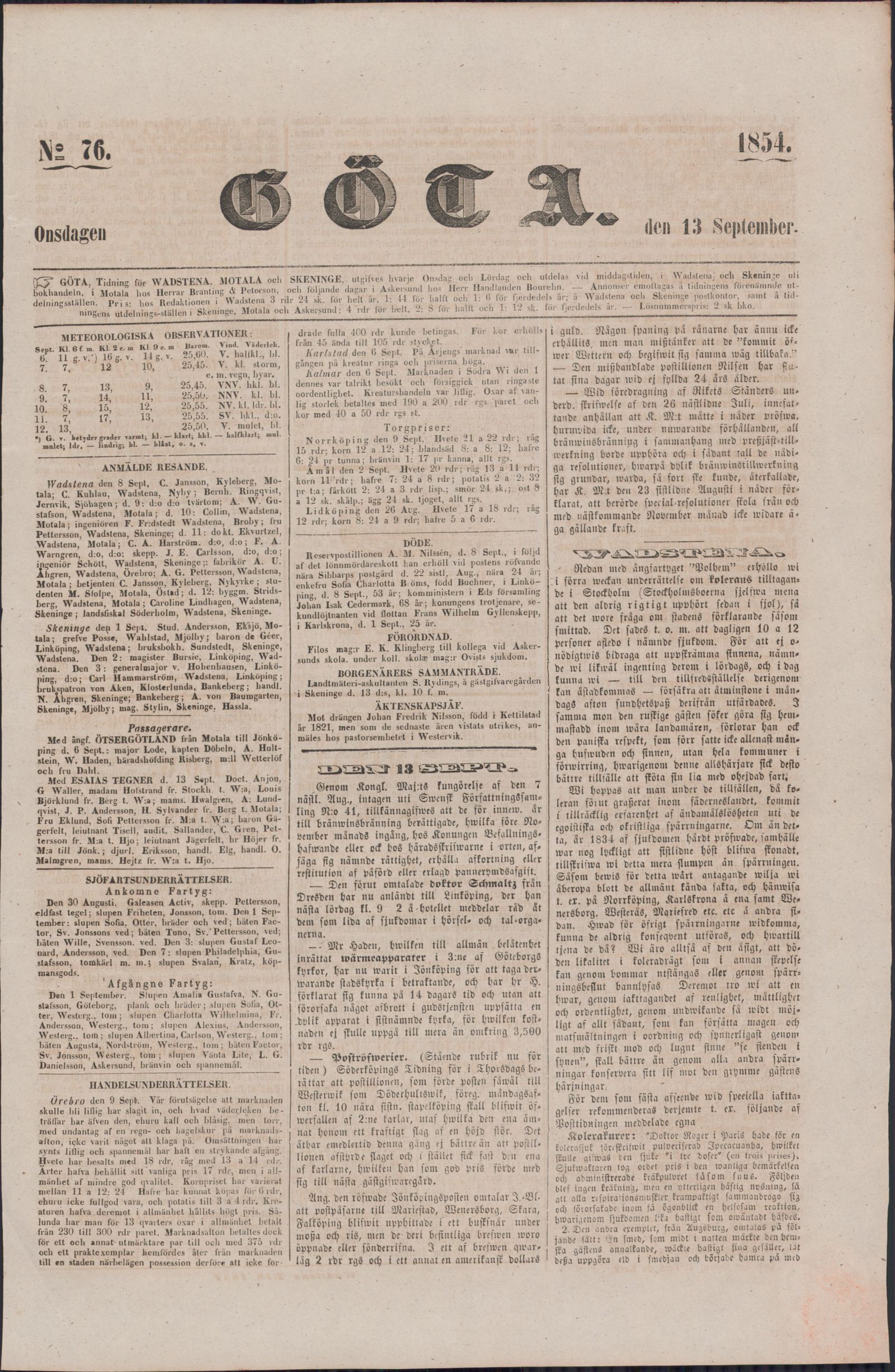 Tidningssida ur GÖTA, 1854-09-13