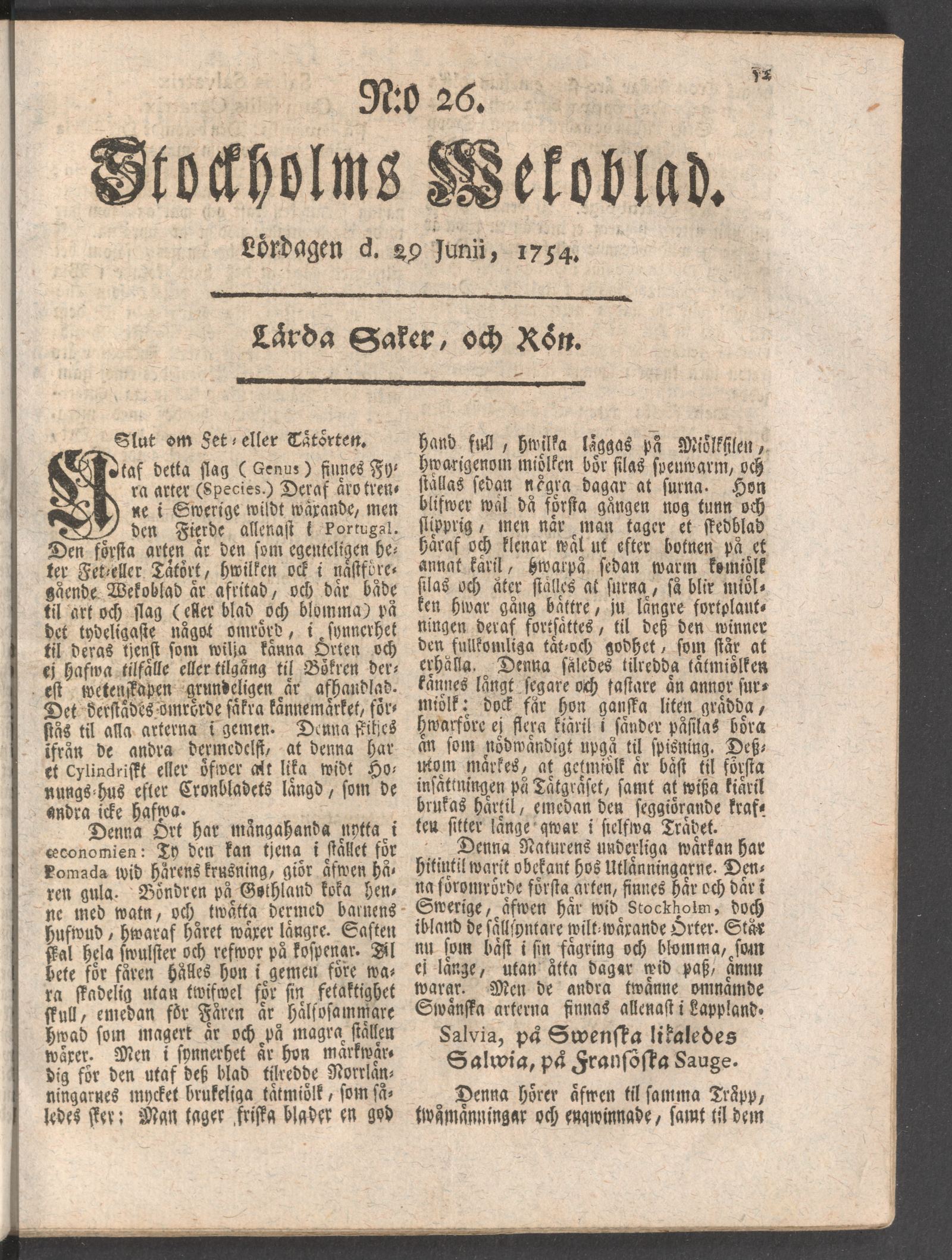 Tidningssida ur STOCKHOLMS WECKOBLAD, 1754-06-29