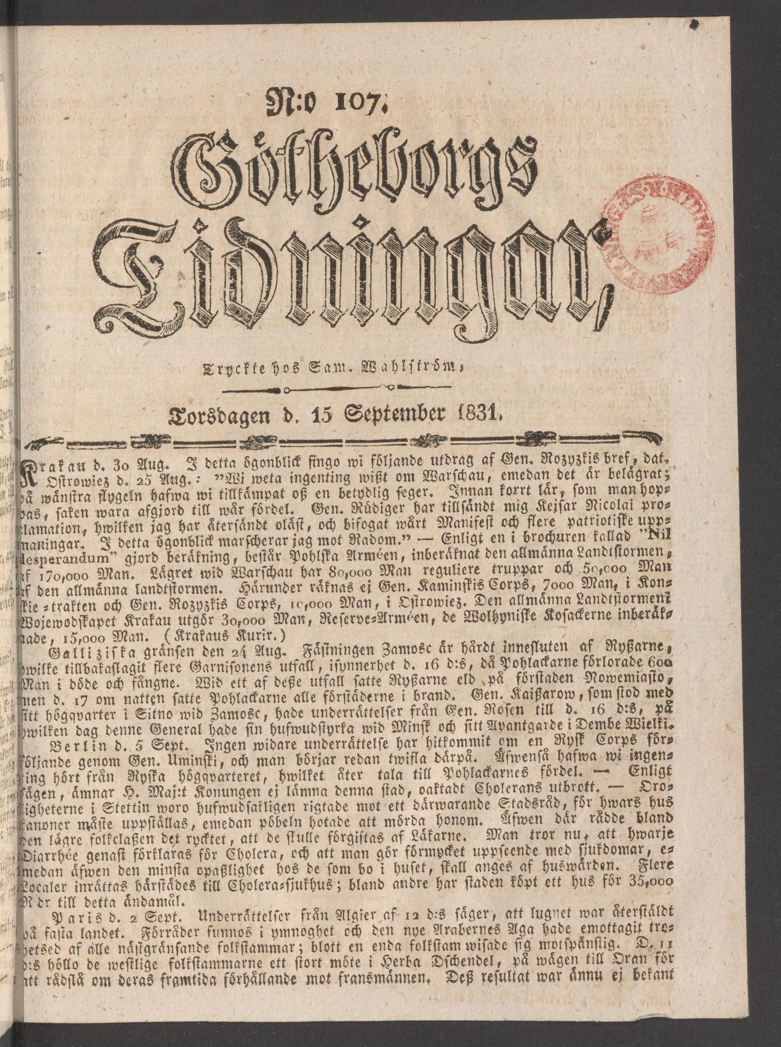 Tidningssida ur GÖTHEBORGS TIDNINGAR, 1831-09-15