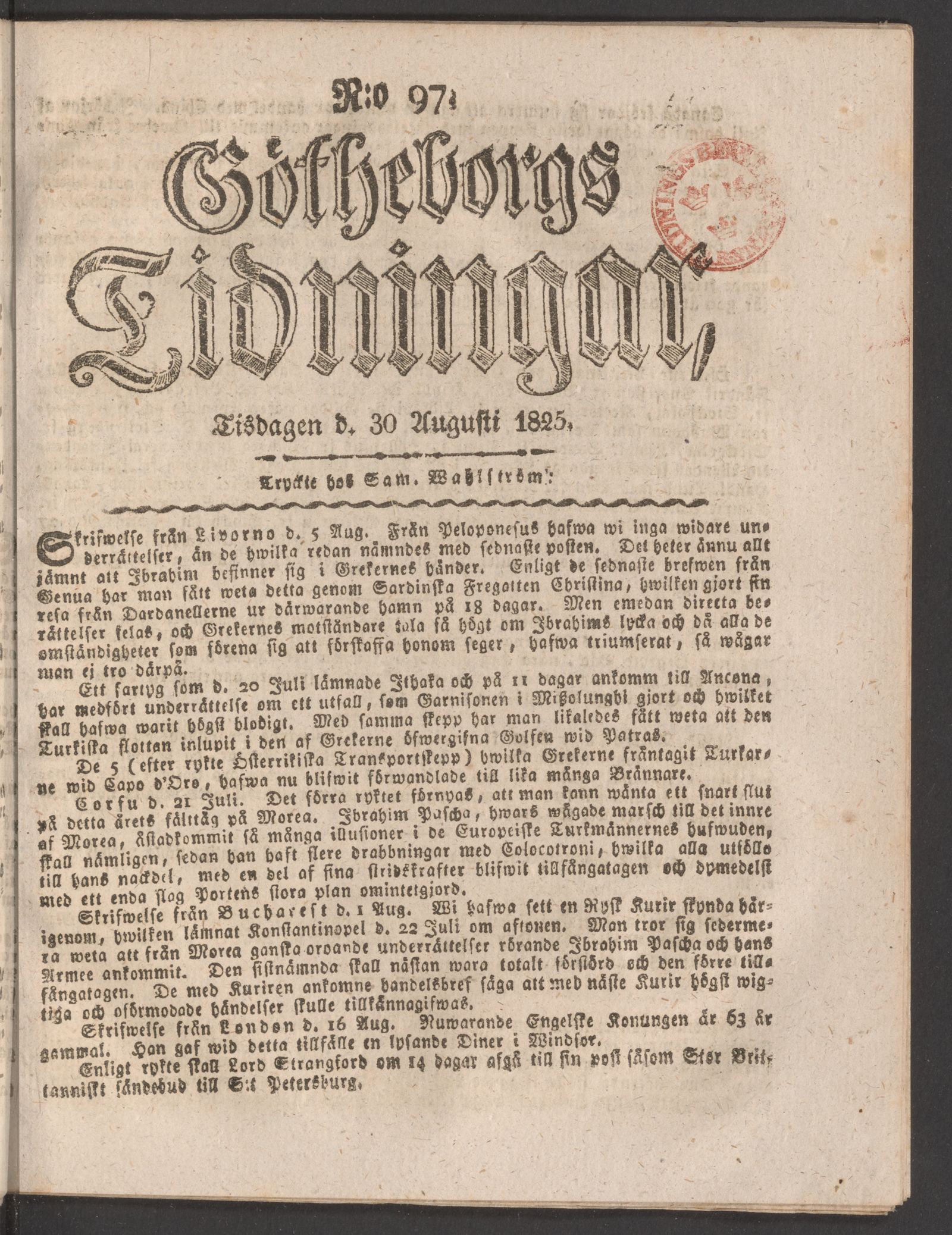 Tidningssida ur GÖTHEBORGS TIDNINGAR, 1825-08-30