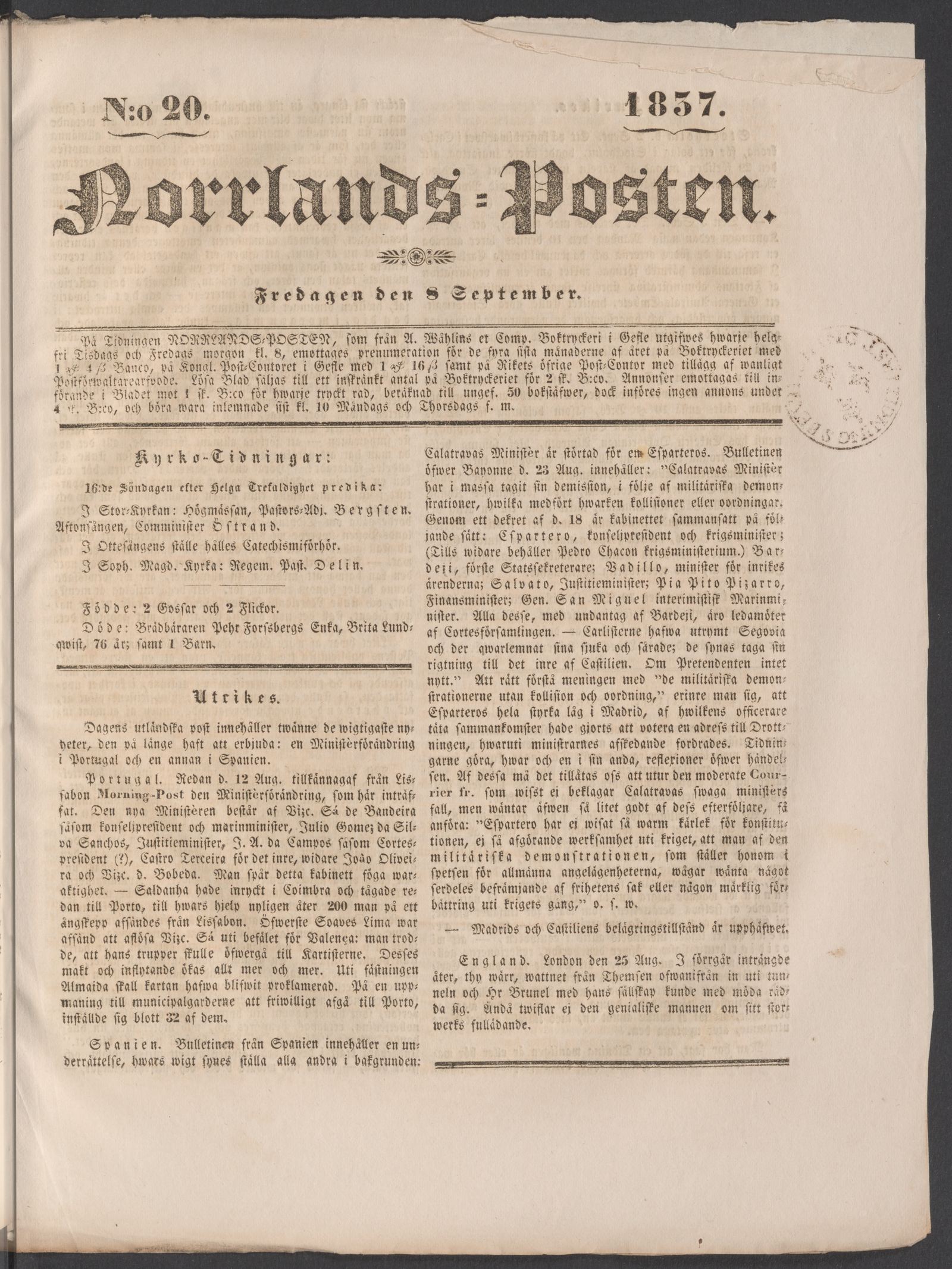 Tidningssida ur NORRLANDSPOSTEN, 1837-09-08