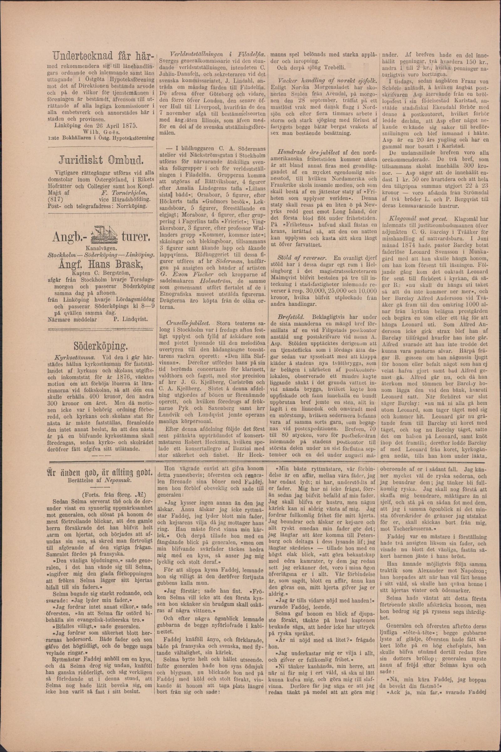 Tidningssida ur Söderköpings Nya Tidning, 1875-10-22