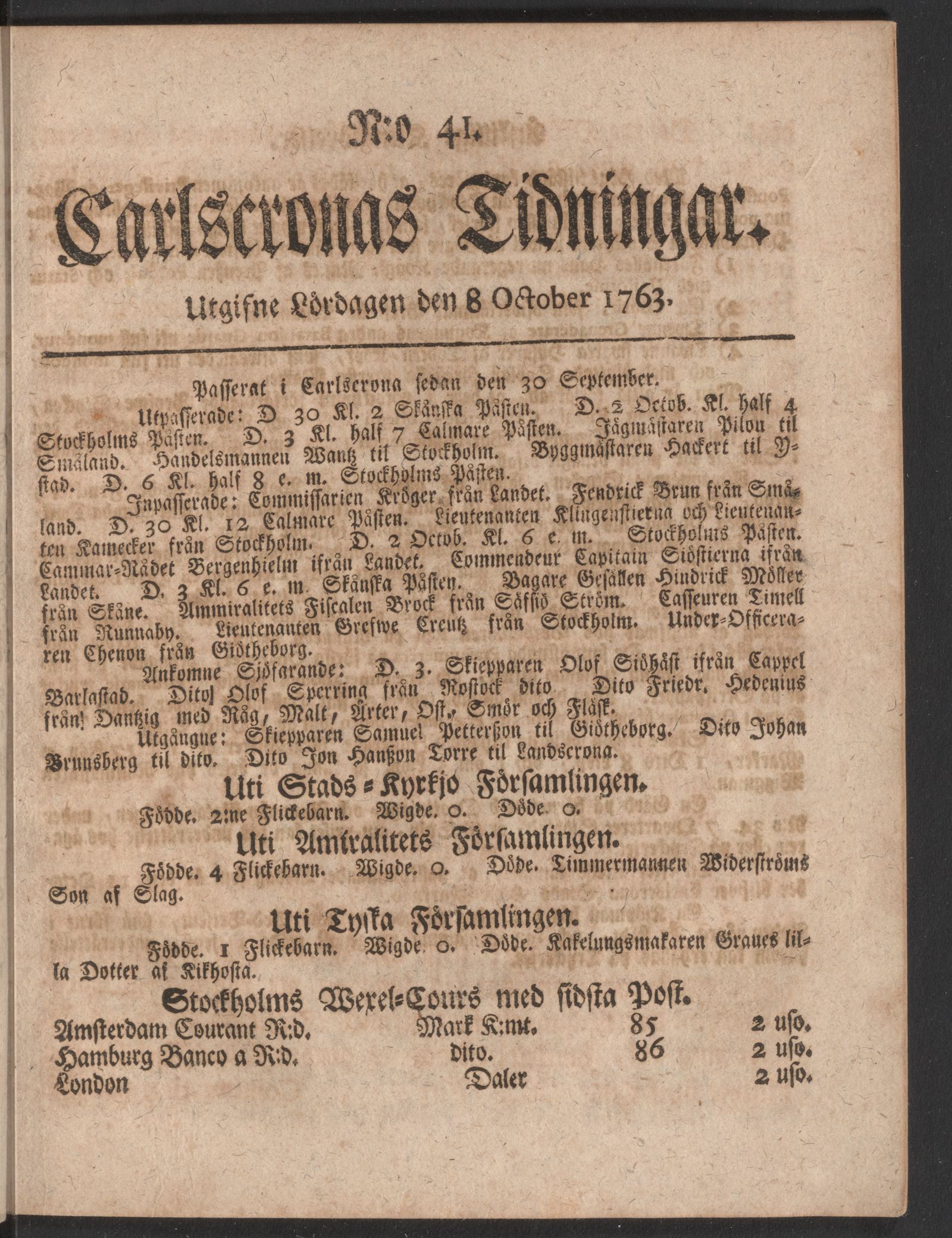 Tidningssida ur CARLSCRONAS TIDNINGAR, 1763-10-08
