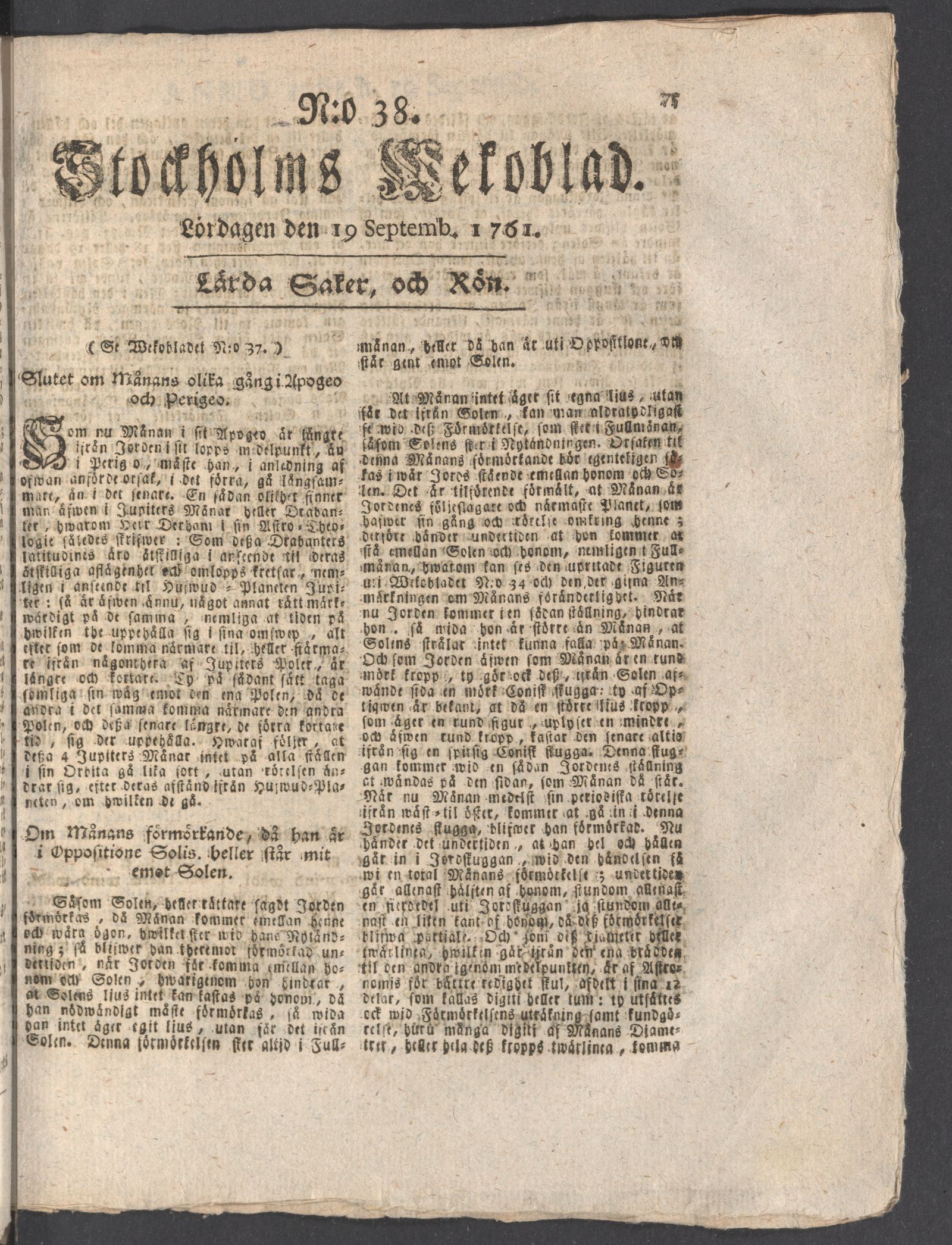 Tidningssida ur STOCKHOLMS WECKOBLAD, 1761-09-19