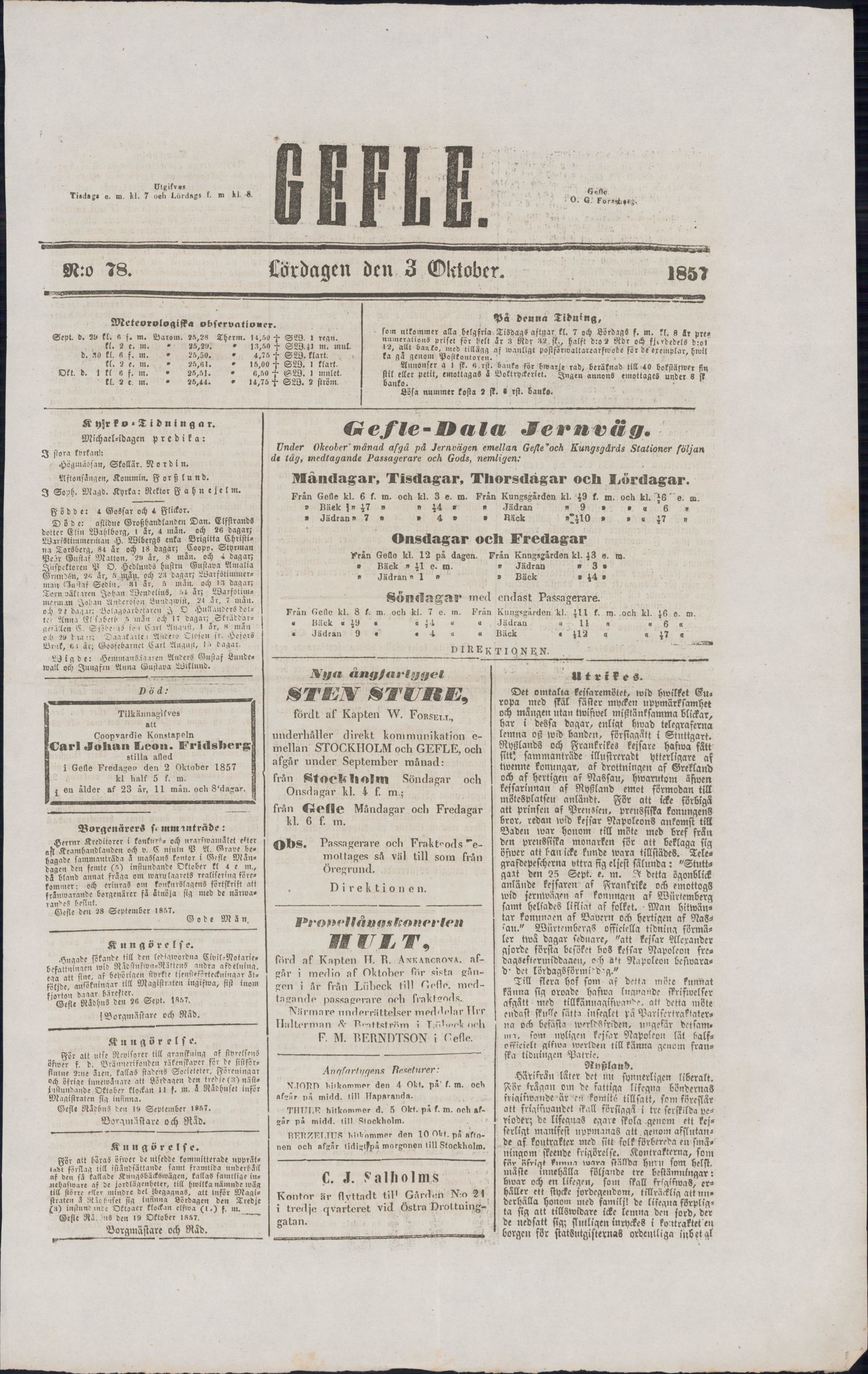 Tidningssida ur GEFLEBORGS LÄNS TIDNING, 1857-10-03