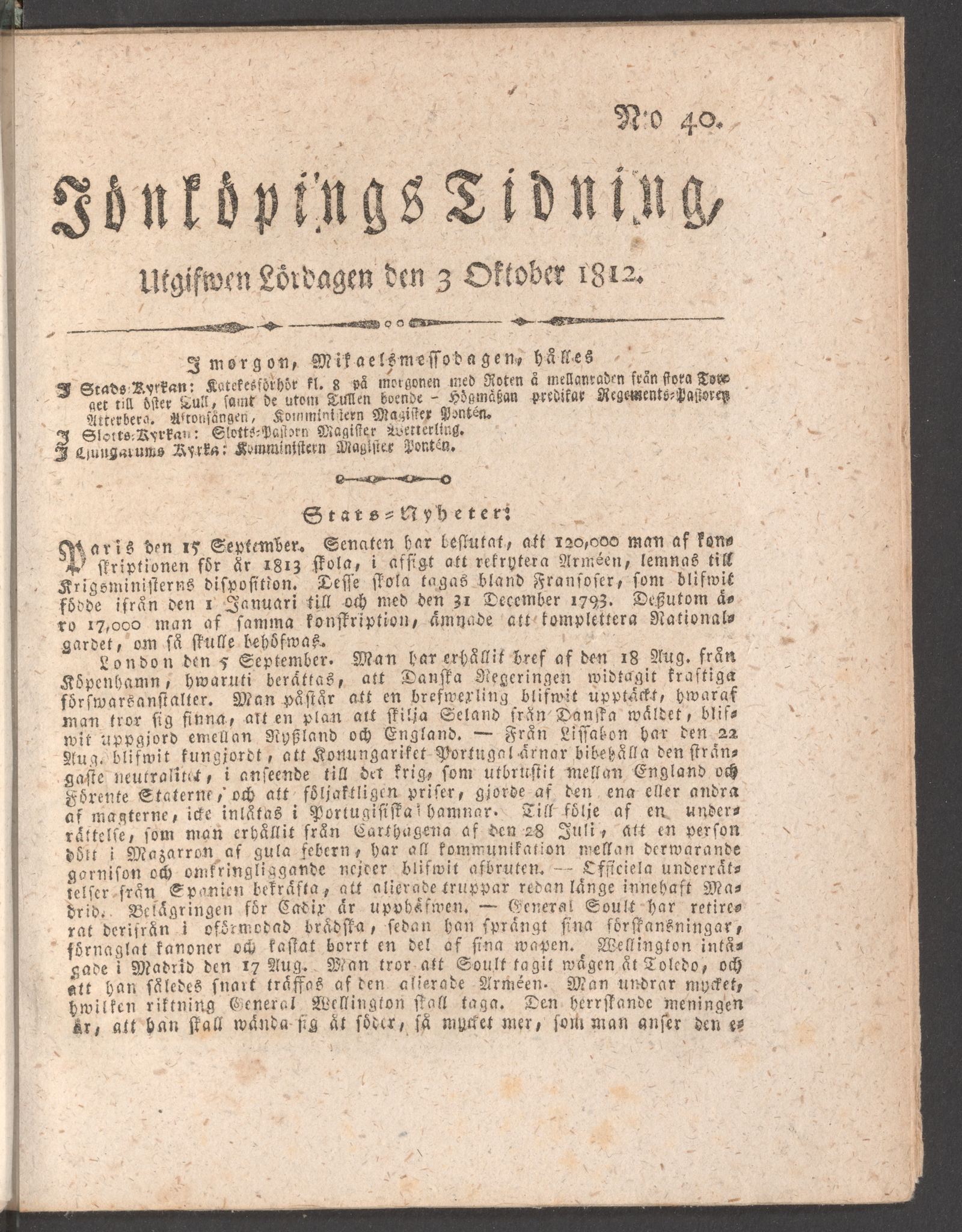 Tidningssida ur JÖNKÖPINGS TIDNING, 1812-10-03