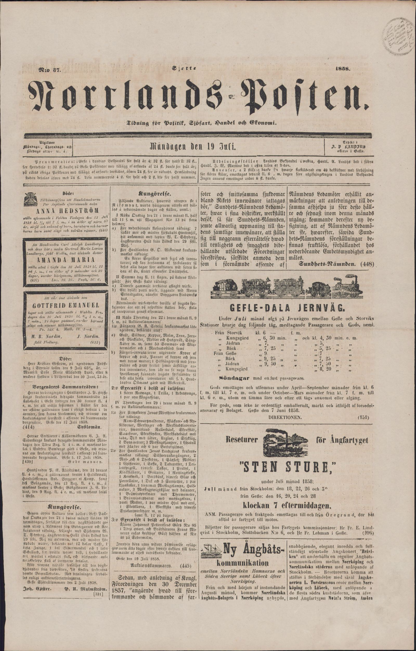 Tidningssida ur NORRLANDSPOSTEN, 1858-07-19