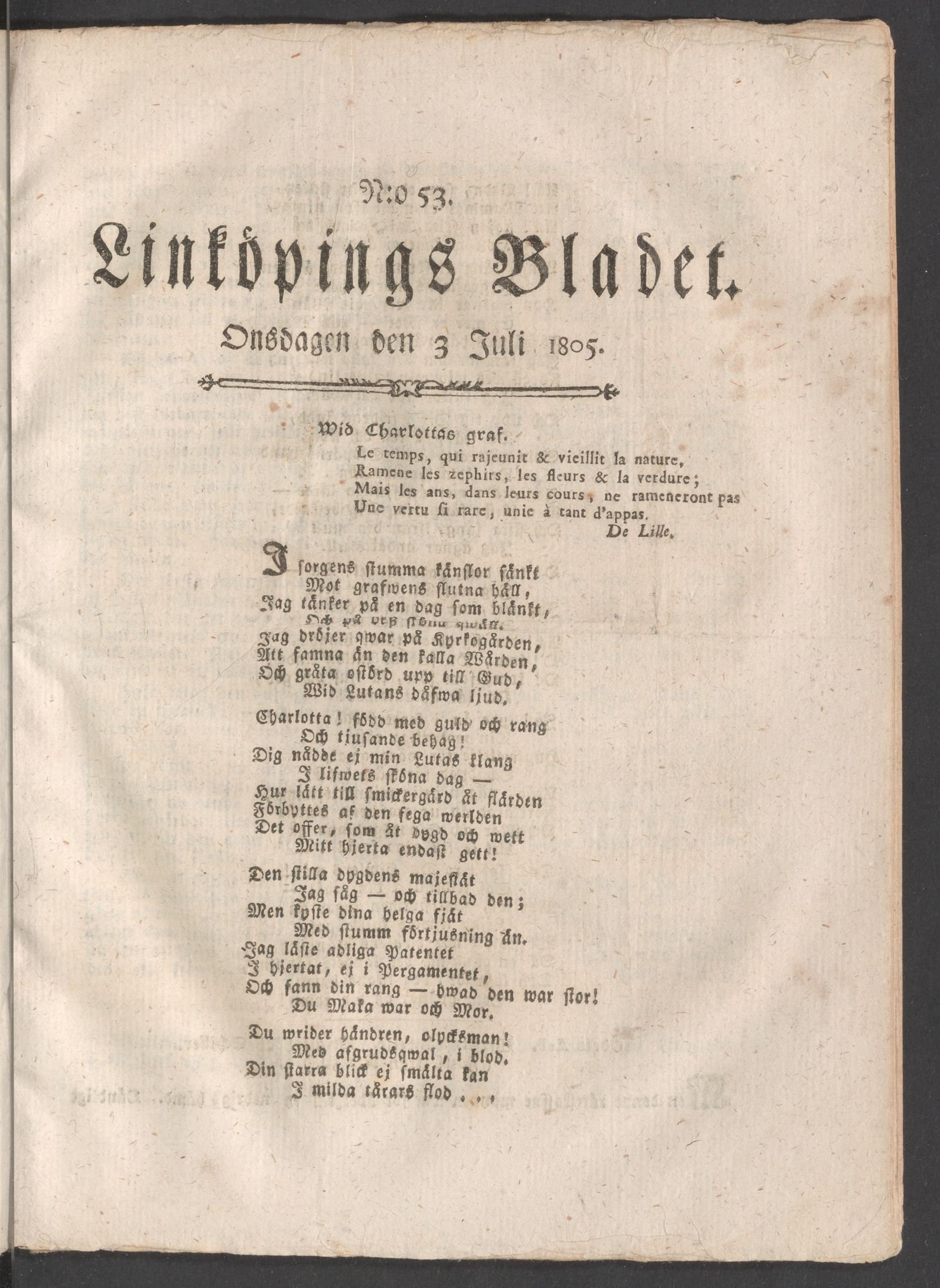 Tidningssida ur LINKÖPINGSBLADET, 1805-07-03