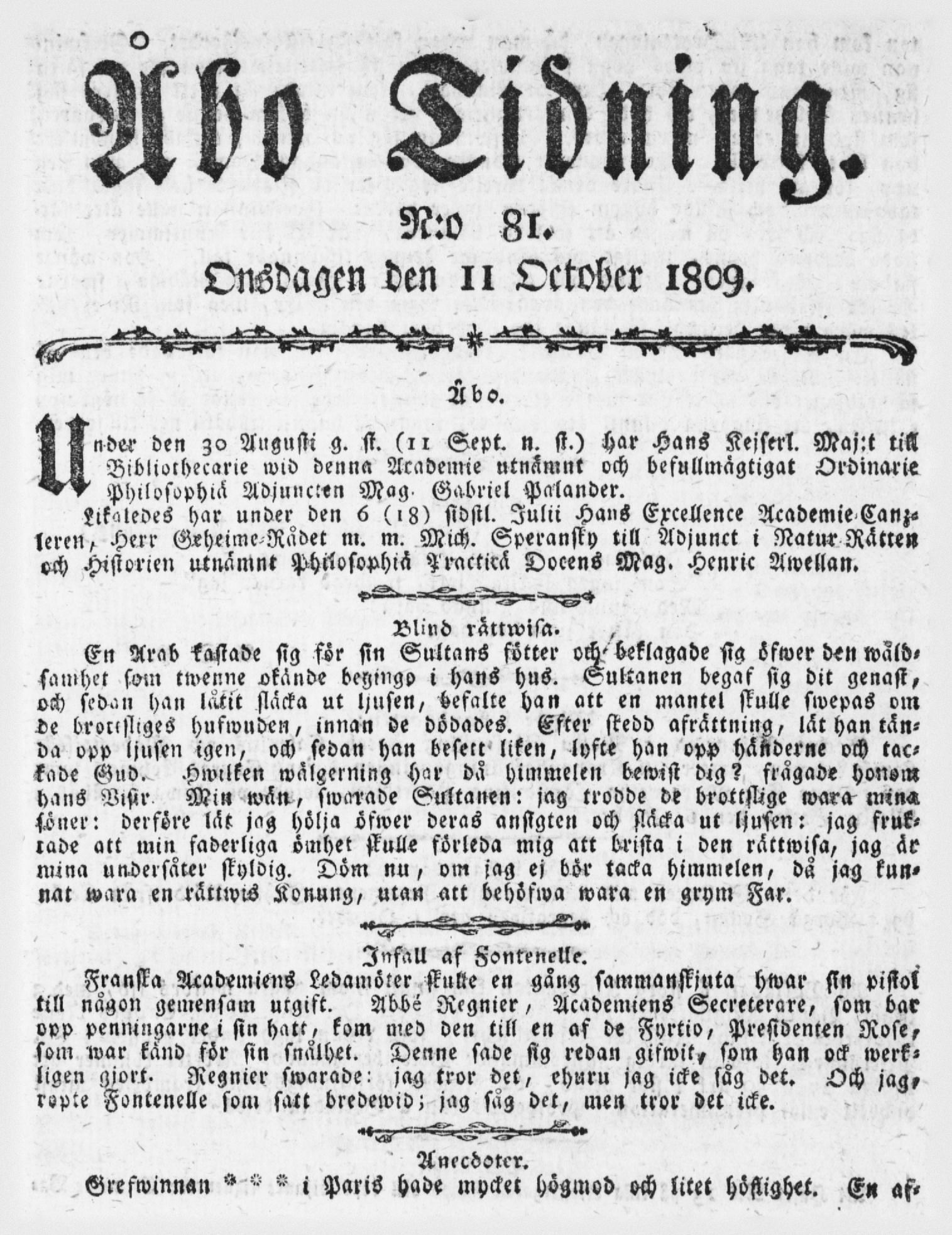 Tidningssida ur ÅBO TIDNING, 1809-10-11