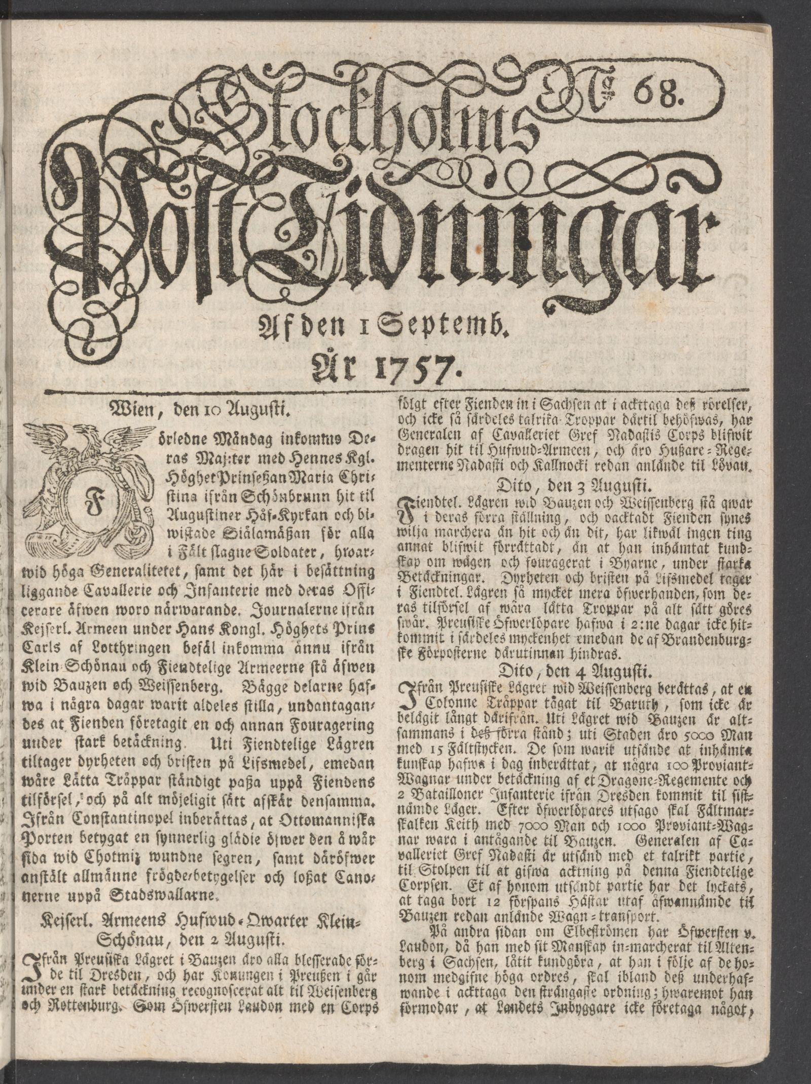 Tidningssida ur POSTTIDNINGAR, 1757-09-01
