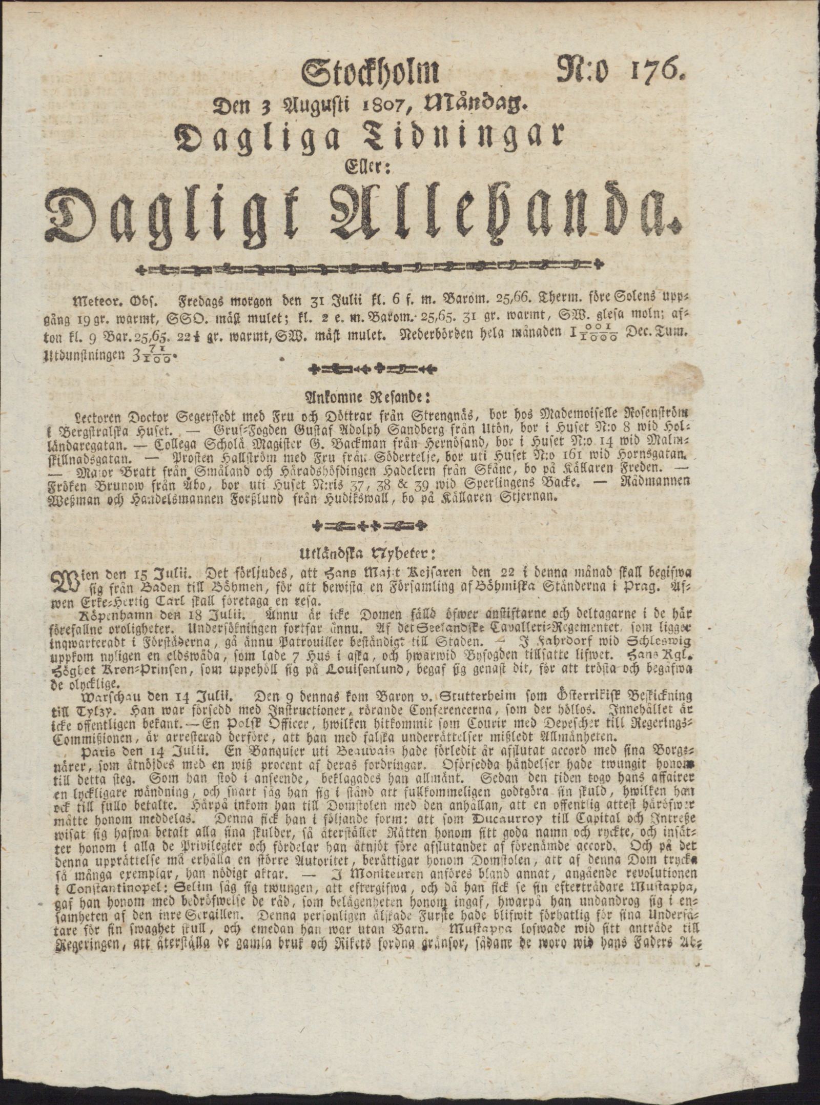 Tidningssida ur DAGLIGT ALLEHANDA, 1807-08-03
