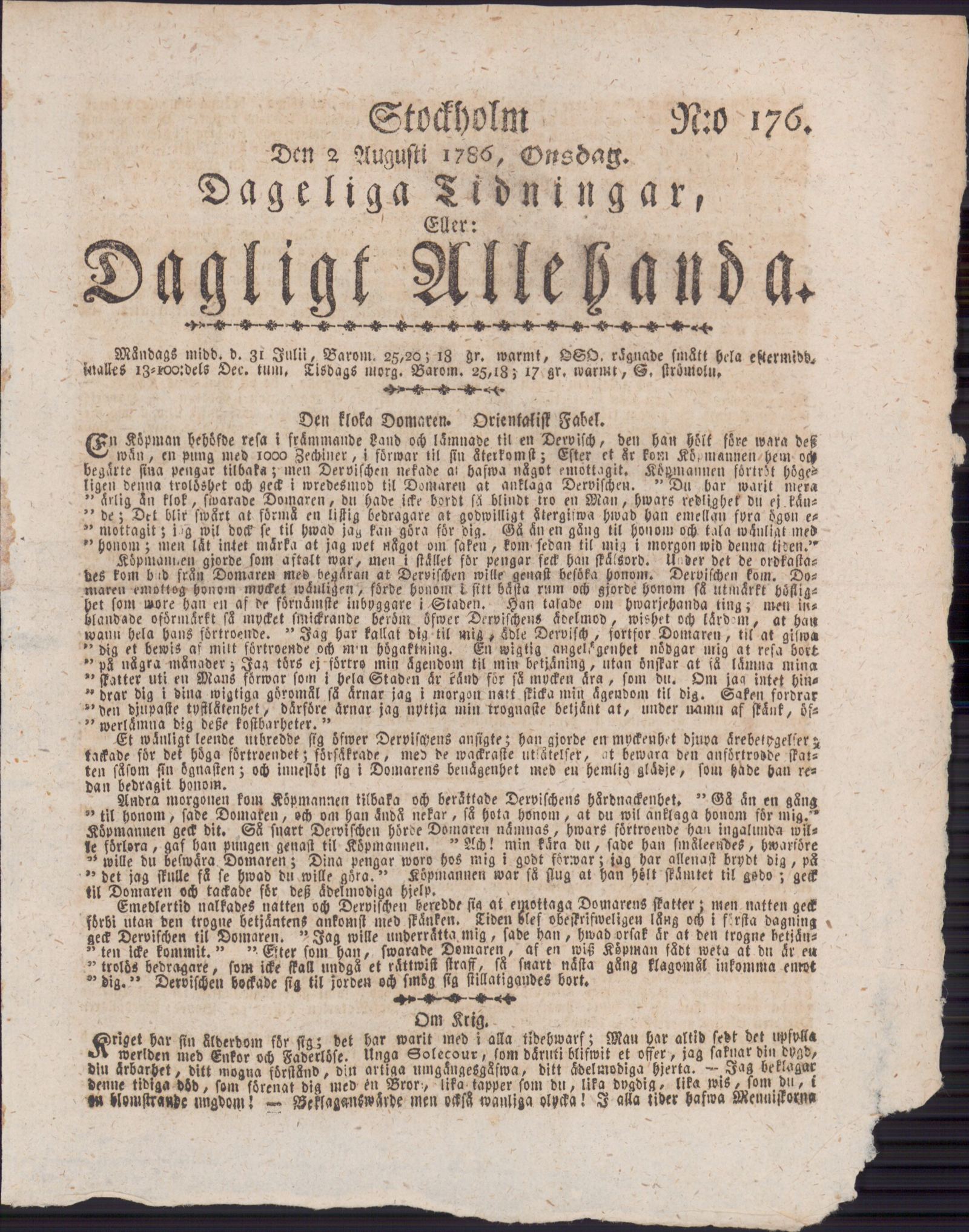 Tidningssida ur DAGLIGT ALLEHANDA, 1786-08-02