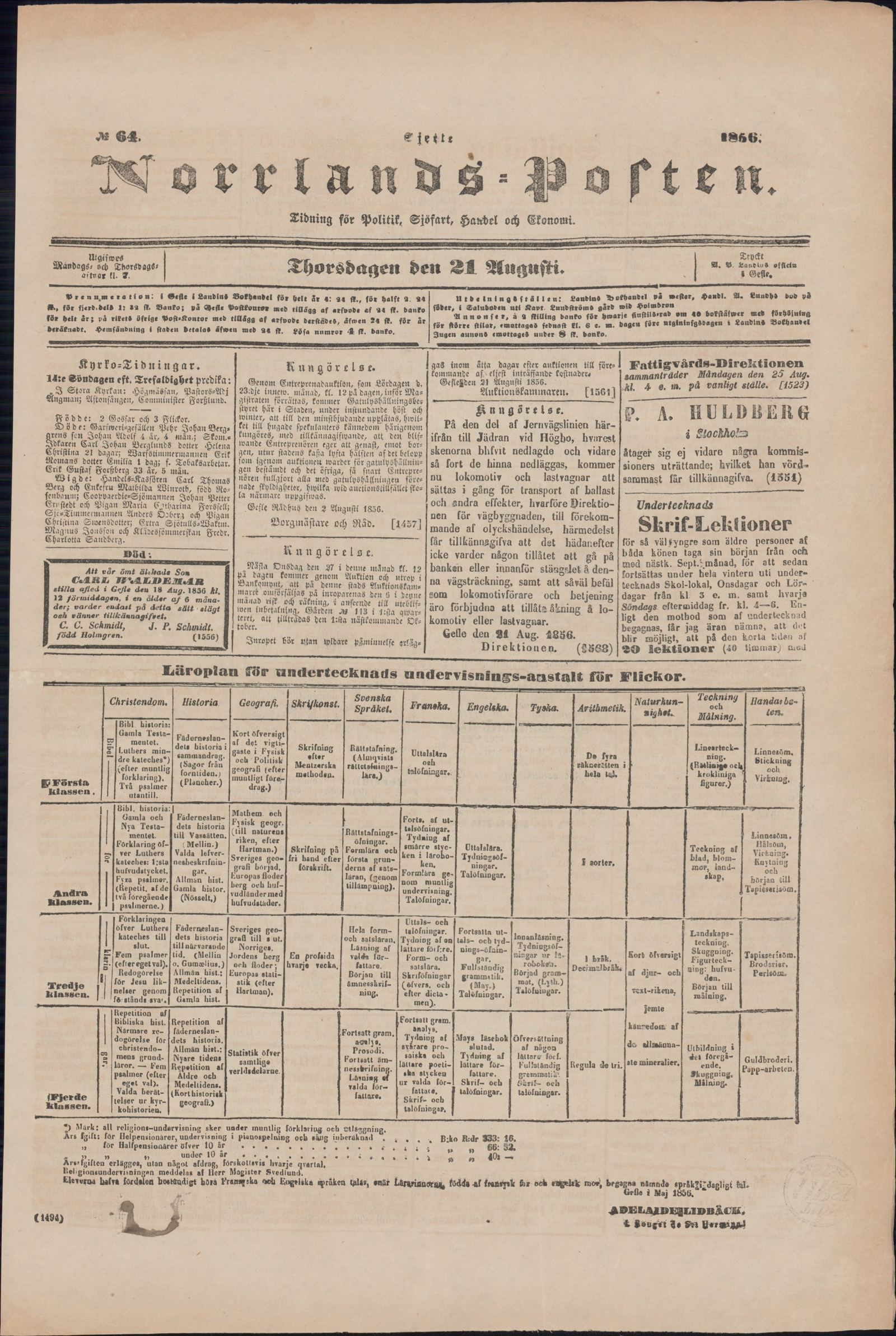 Tidningssida ur NORRLANDSPOSTEN, 1856-08-21