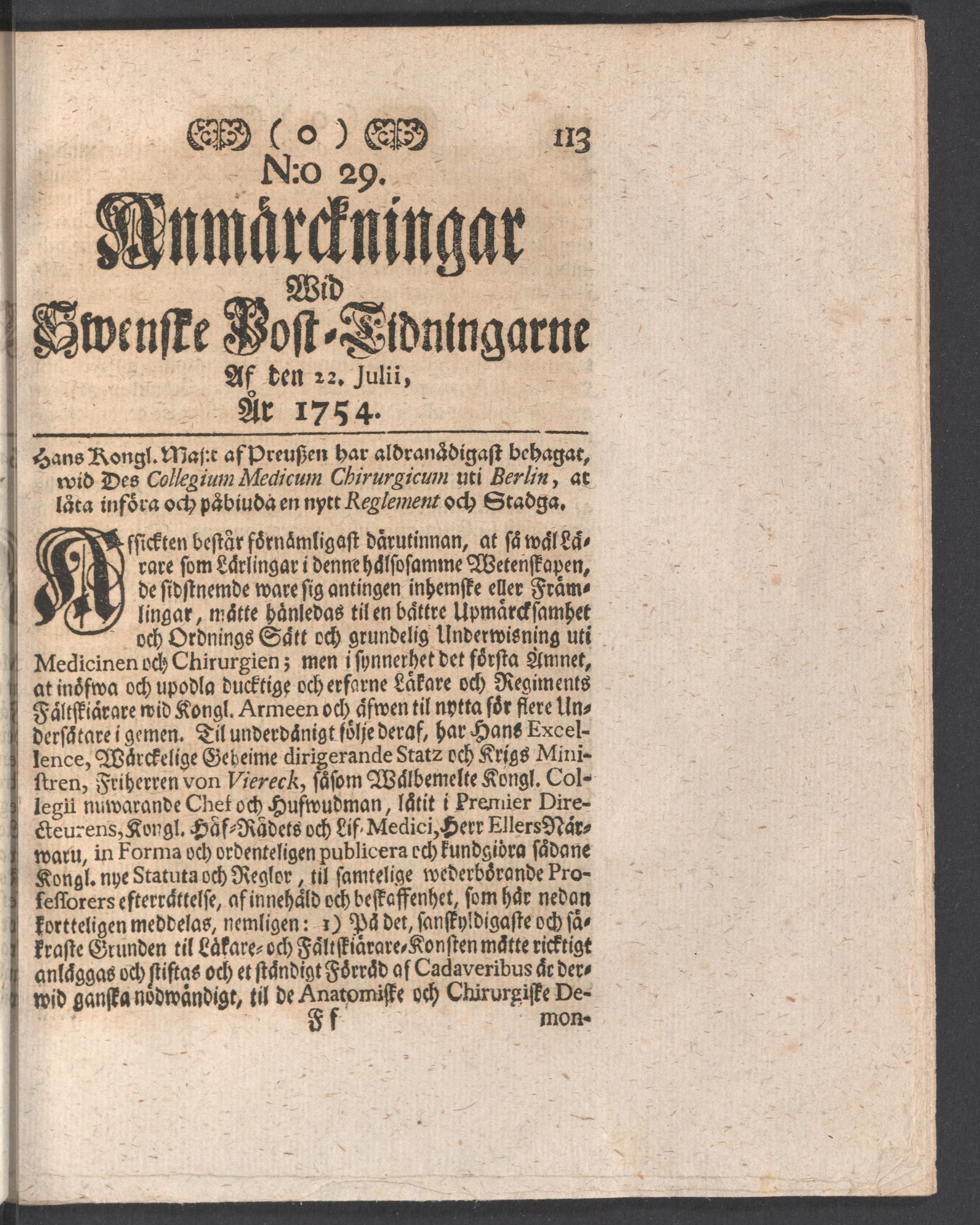 Tidningssida ur ANMÄRCKNINGAR WID SWENSKE POSTTIDNINGARNE, 1754-07-22