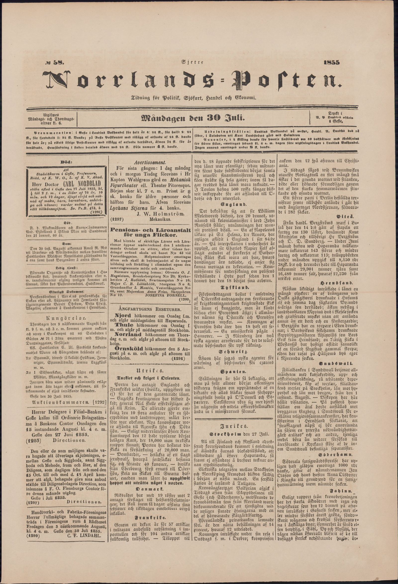 Tidningssida ur NORRLANDSPOSTEN, 1855-07-30